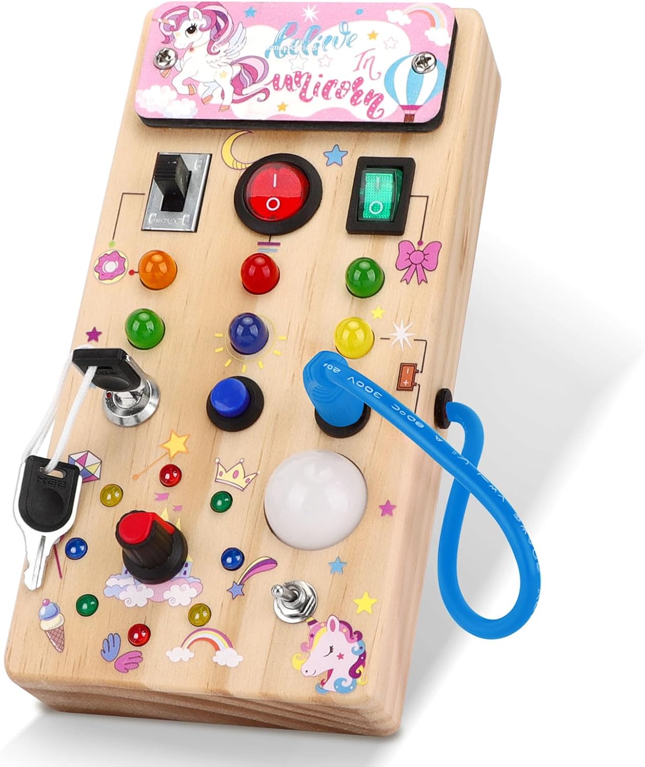 Houten Montessori Busy Board voor Peuters vanaf 1 Jaar - Educatief Activiteitenbord met LED Lichtjes en Schakelaars voor Baby, Jongens en Meisjes - Sensorisch Reisspeelgoed voor Kinderen