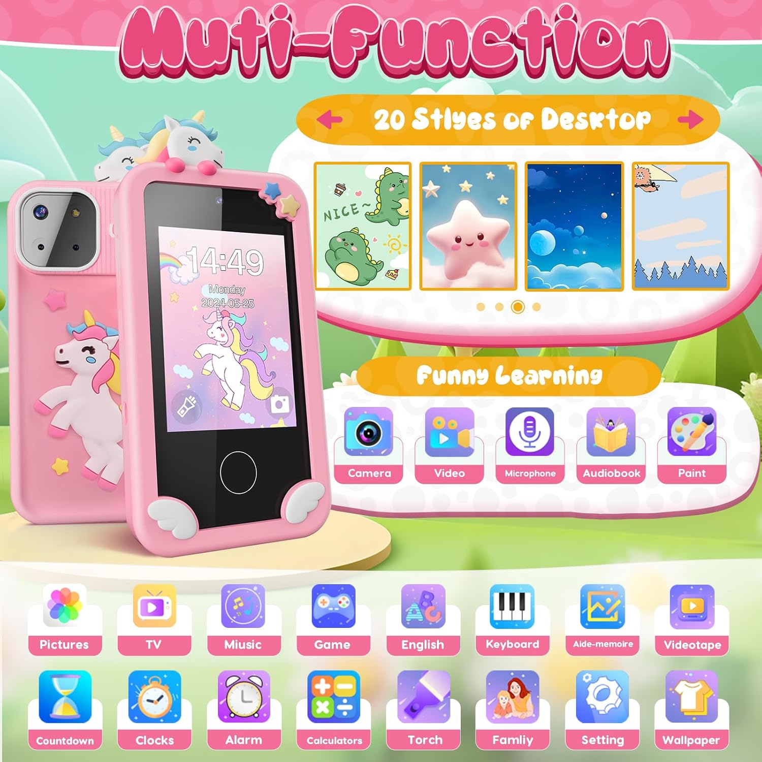 Dino Smartphone Speelgoed | Mini Smartphone met 16 Educatieve Spelletjes en Dubbele Camera voor Kinderen van 3-9 Jaar