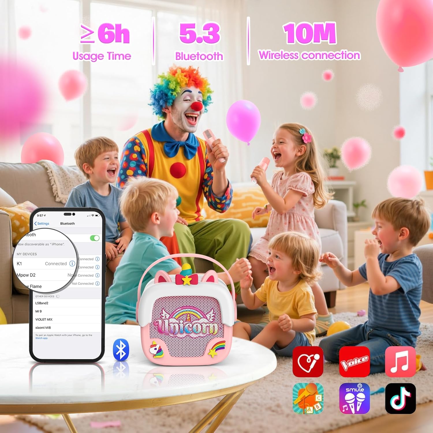 Mini karaoke machine voor kinderen | Draagbare Bluetooth luidspreker met 2 microfoons unicorn design