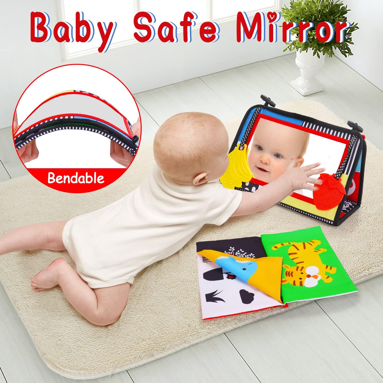 Baby Spiegel Montessori Speelgoed | Knisper Boek en Bijtring Zwart-Wit Hoog Contrast Zintuiglijk Educatief Speelgoed 4-6-9-12 Maanden