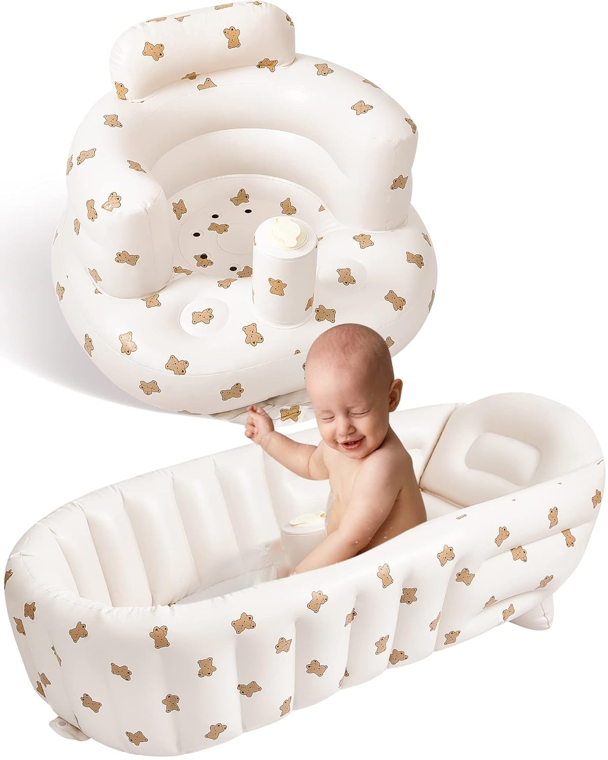 2 Stuks Opblaasbare Baby Zitje en Badkuip | Draagbare Reis Douchebakje Rugsteun Sofa met Ingebouwde Luchtpomp voor Baby's van 3-36 Maanden