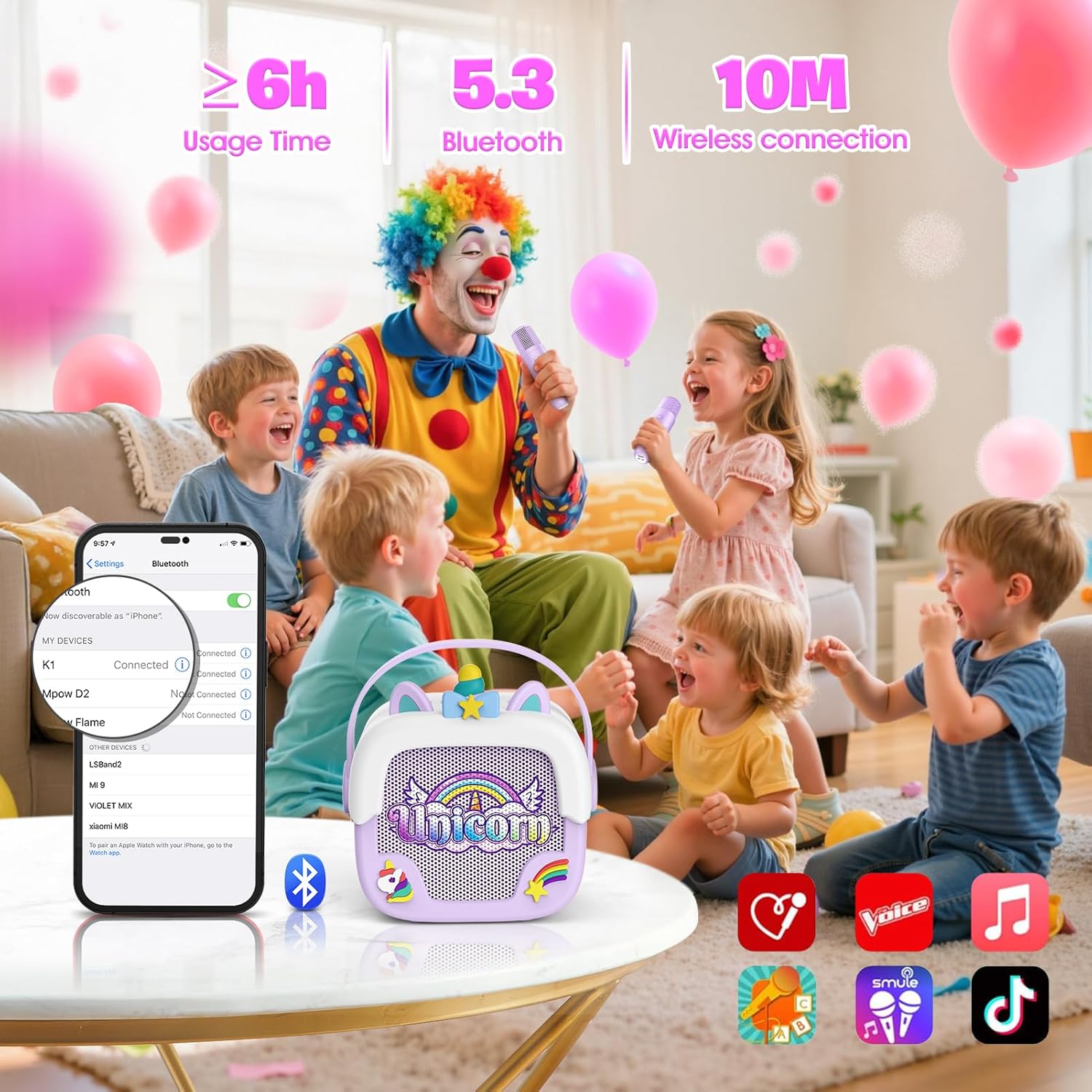 Mini karaoke machine voor kinderen | Draagbare Bluetooth luidspreker met 2 microfoons unicorn design