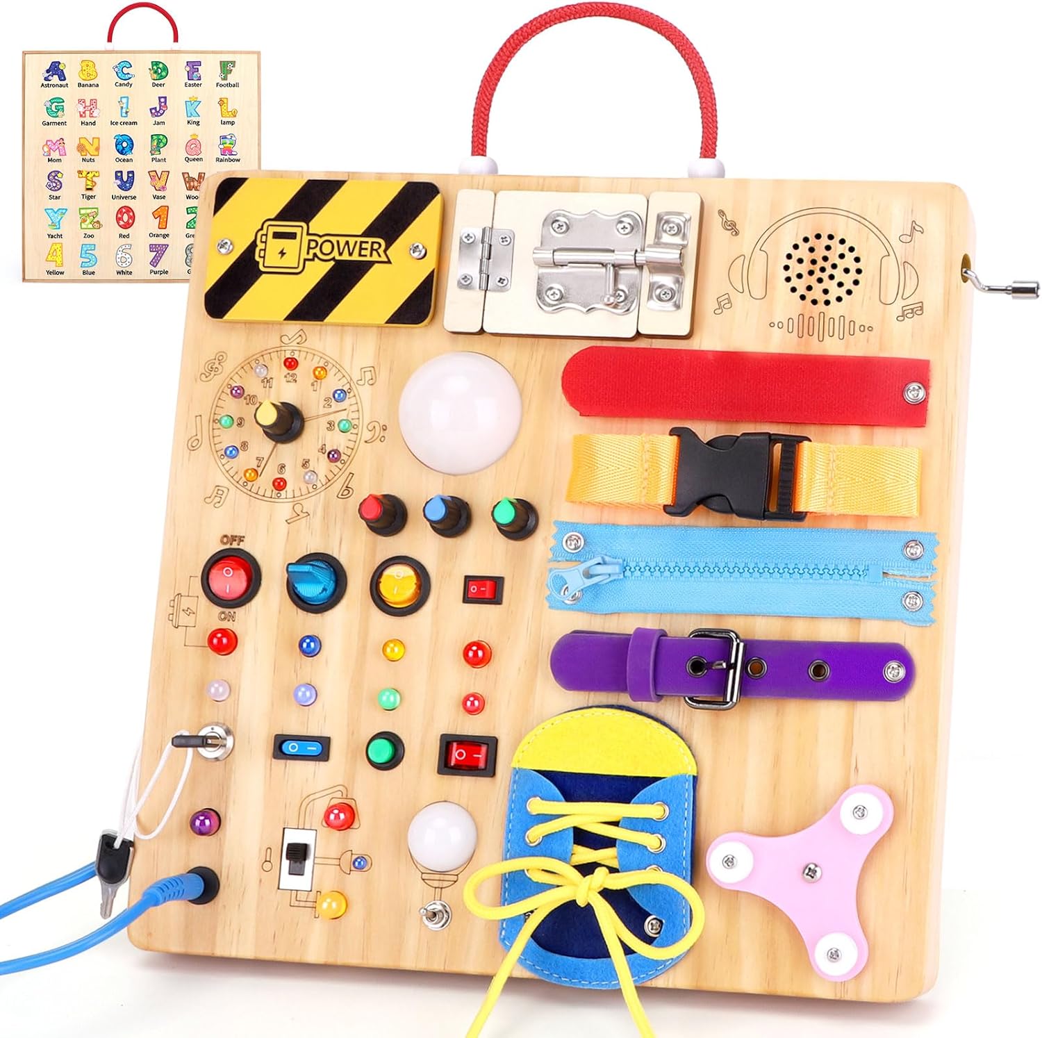 Houten Montessori Busy Board voor Peuters vanaf 1 Jaar - Educatief Activiteitenbord met LED Lichtjes en Schakelaars voor Baby, Jongens en Meisjes - Sensorisch Reisspeelgoed voor Kinderen