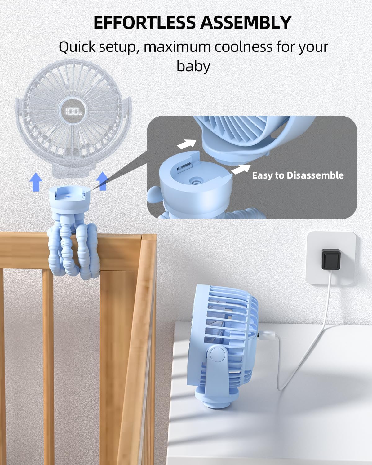 Mini kinderwagenventilator | draagbare oplaadbare reisventilator met 360° rotatie & 3 snelheden