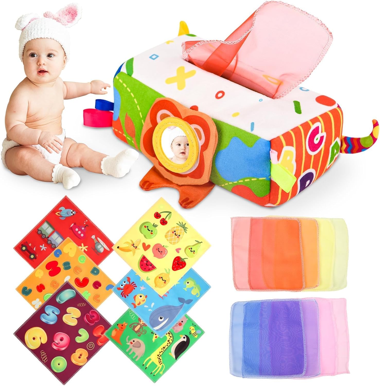 Montessori Tissue Box Speelgoed | Zacht Gevuld Hoog Contrast Krinkel Infant Sensorisch Baby Speelgoed 6 tot 12 Maanden Vroeg Leren Cadeaus