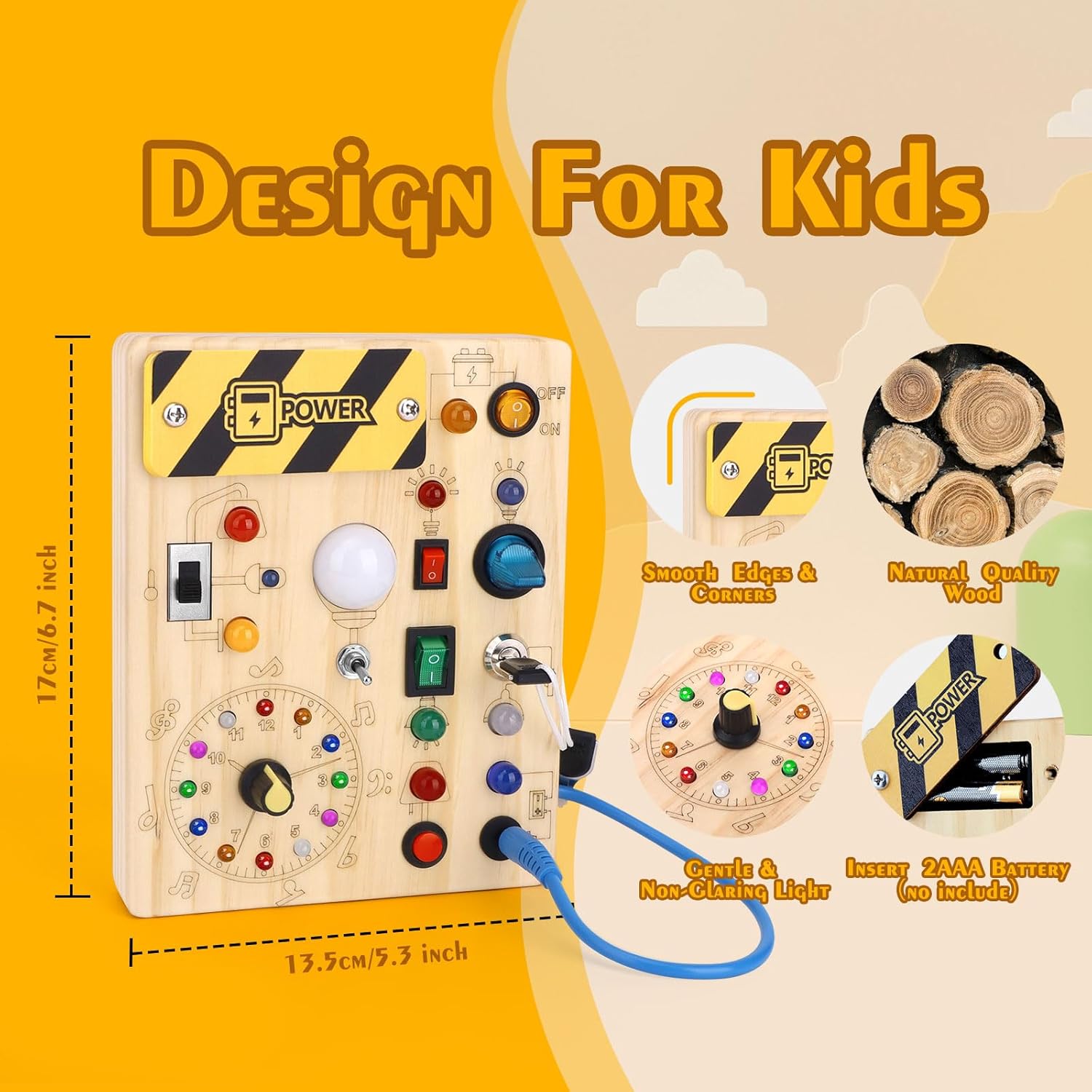Houten Montessori Busy Board voor Peuters vanaf 1 Jaar - Educatief Activiteitenbord met LED Lichtjes en Schakelaars voor Baby, Jongens en Meisjes - Sensorisch Reisspeelgoed voor Kinderen