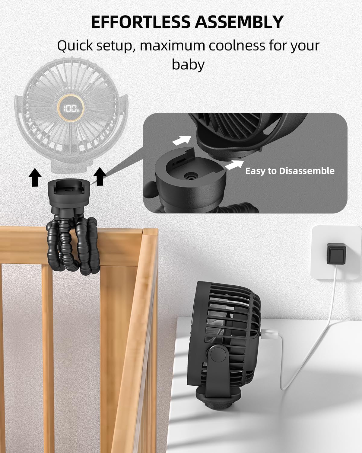 Draagbare kinderwagenventilator|Oplaadbare mini ventilator 360° rotatie 3 snelheden zwart