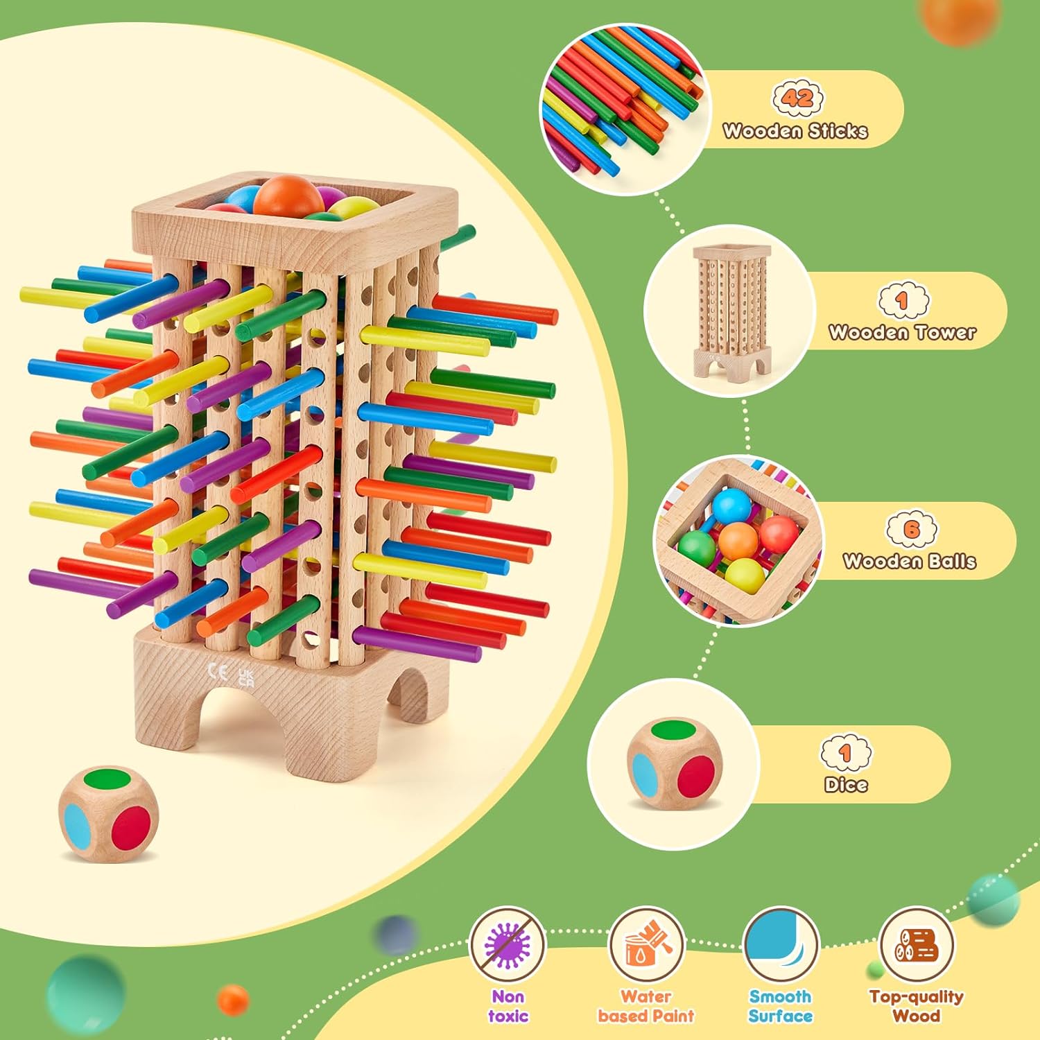 Montessori Houten Bordspel | 42 Gekleurde Houten Stokken Dobbelspel Wiskundig Educatief Speelgoed voor 3 4 5 6 Jaar