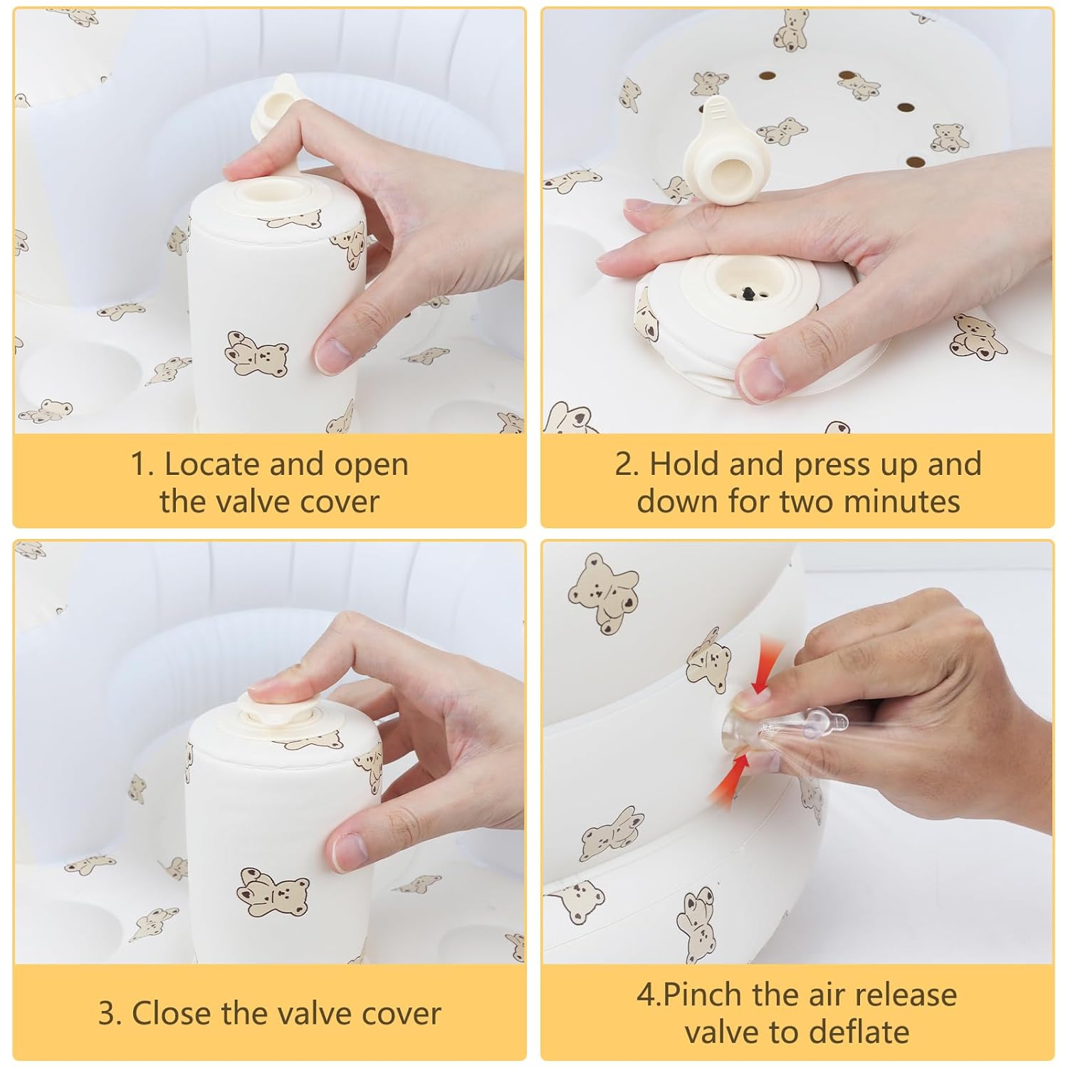 Opblaasbaar babyzitje voor baby's vanaf 3 maanden l met ingebouwde luchtpomp - Beer Patroon