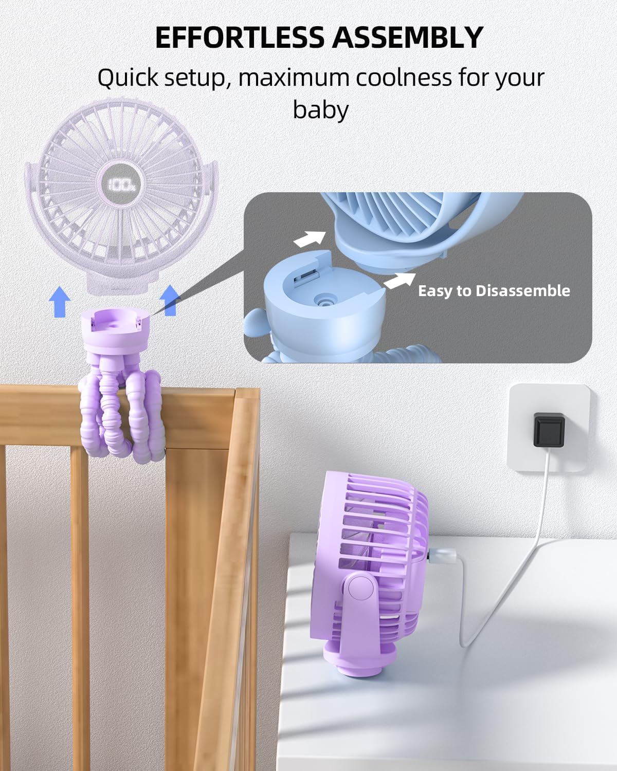 Mini kinderwagenventilator | draagbare oplaadbare reisventilator met 360° rotatie & 3 snelheden