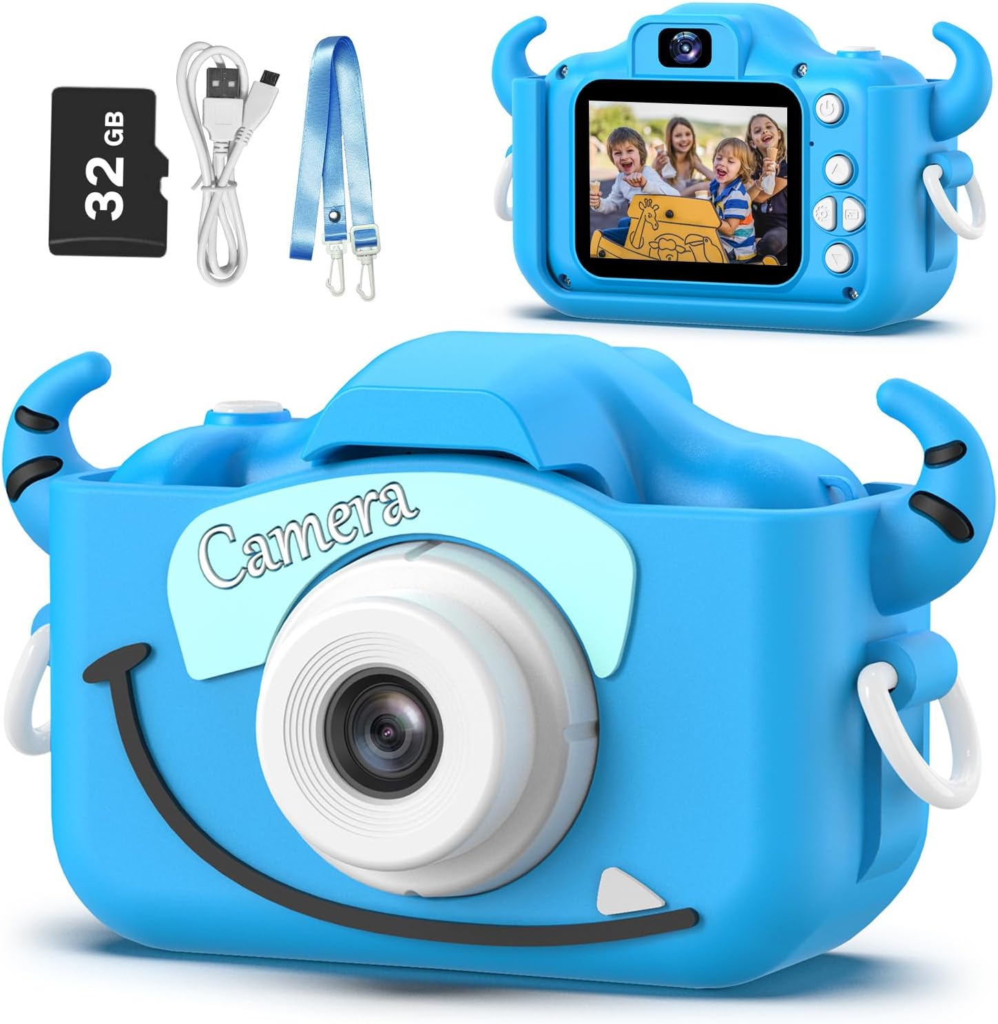 Kindercamera digitaal | Cartoon videocamera met zachte hoes & 32G SD-kaart inbegrepen