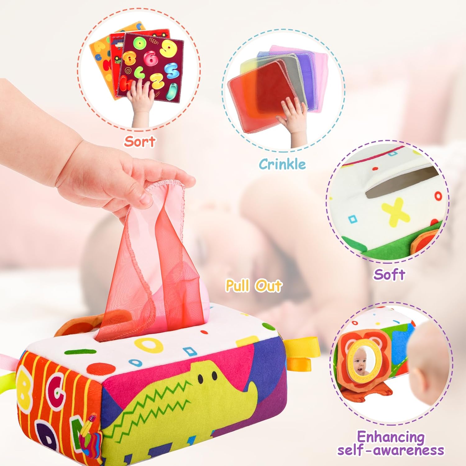 Montessori Tissue Box Speelgoed | Zacht Gevuld Hoog Contrast Krinkel Infant Sensorisch Baby Speelgoed 6 tot 12 Maanden Vroeg Leren Cadeaus