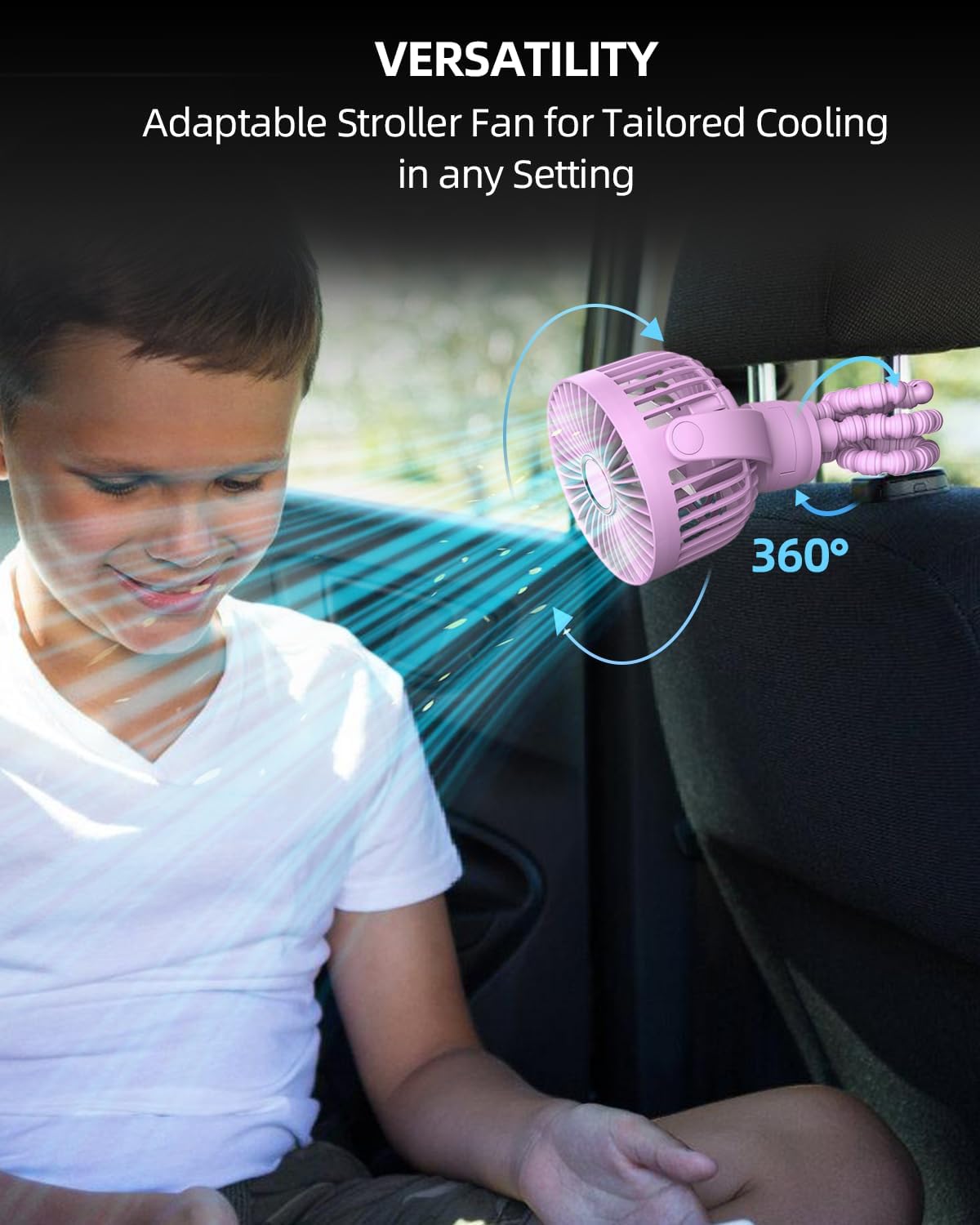Draagbare kinderwagenventilator|Oplaadbare mini ventilator 360° rotatie 3 snelheden zwart