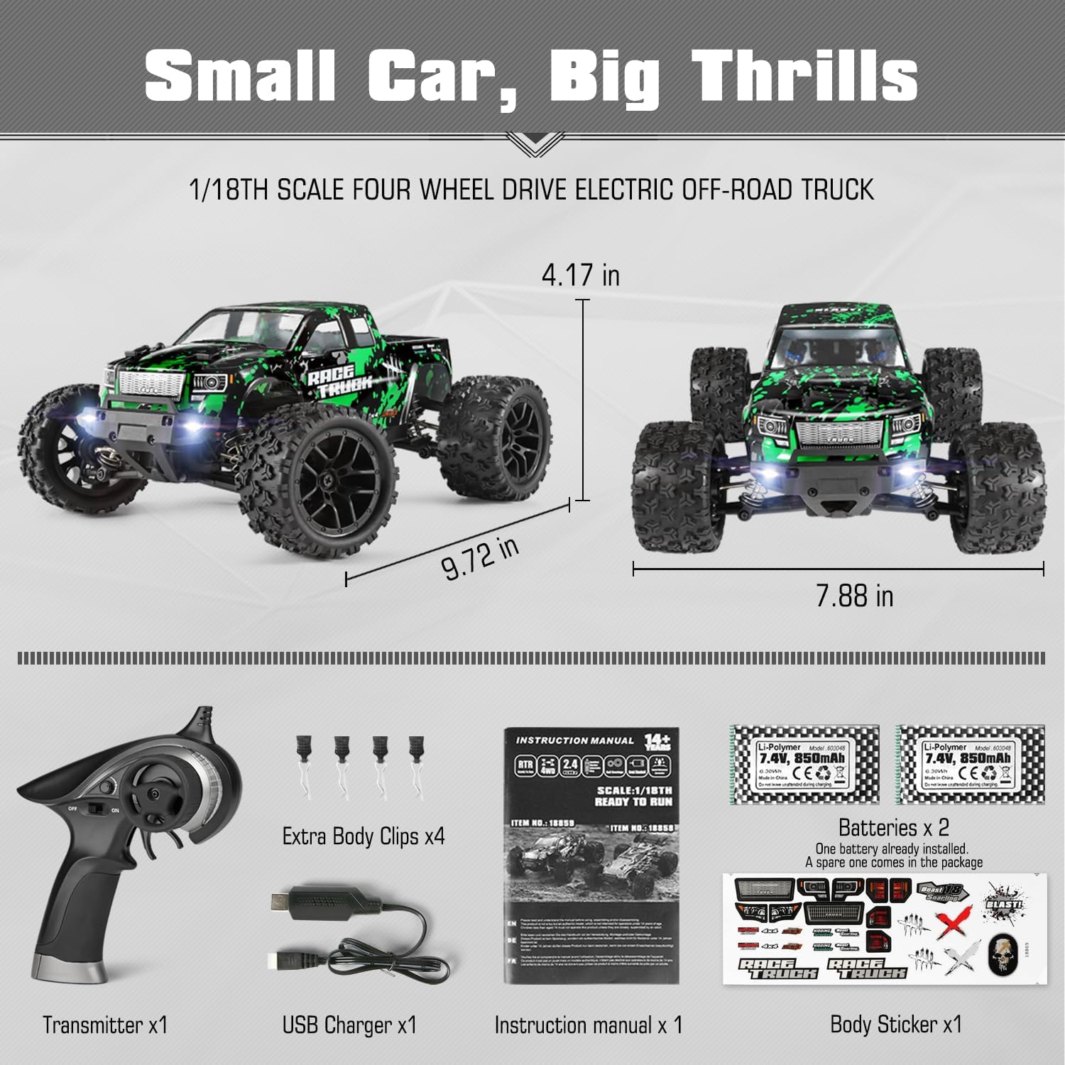 1:18 Schaal Off-Road RC Auto | 36 KPH Hoge Snelheid 4WD Elektrische Truck | Waterdichte 4X4 Afstandsbediening met Oplaadbare Batterijen
