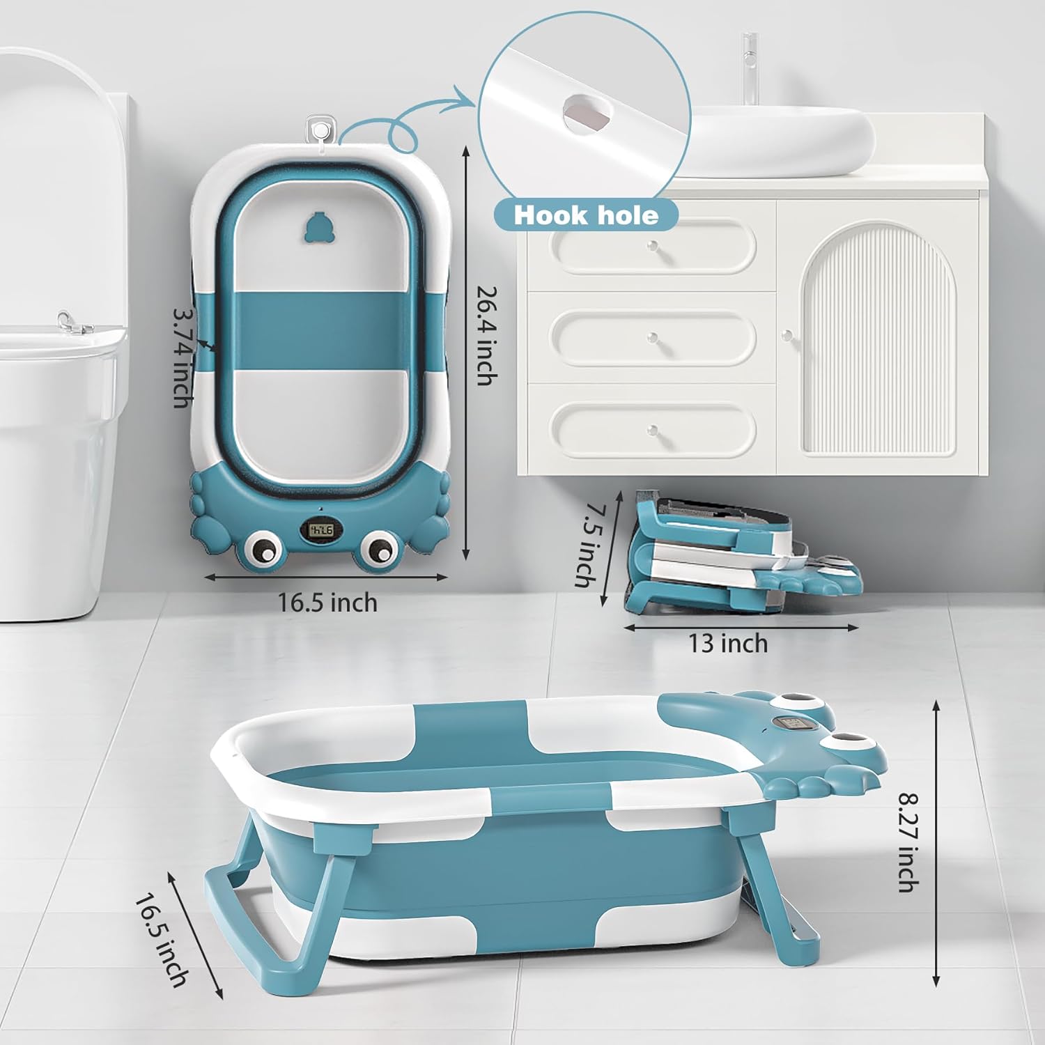 Inklapbaar babybad met thermometer | draagbaar opvouwbaar reisbad 0-36 maanden