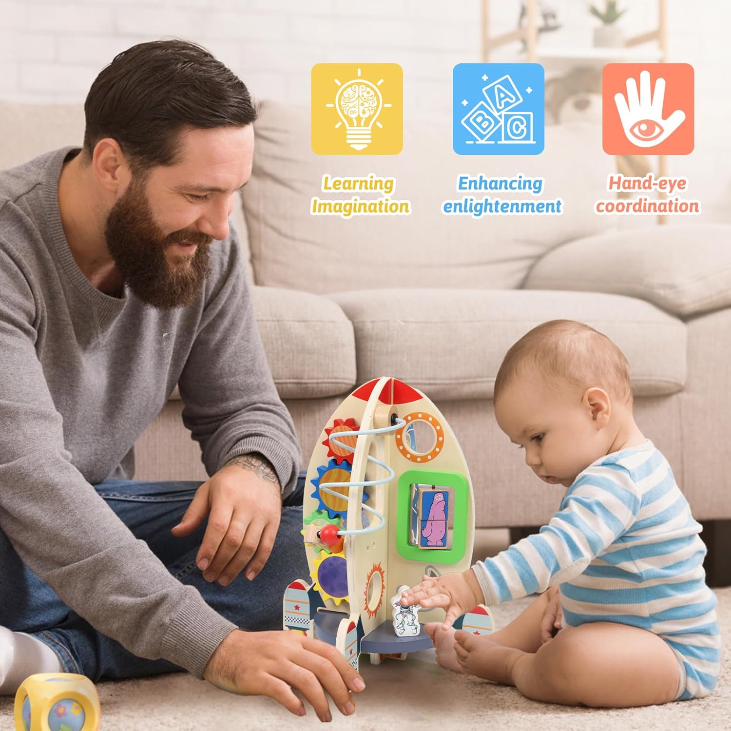 Ruimteraket Activiteitenkubus | Montessori Speelgoed 1+ Jaar | Sensorisch Educatief Druk Bord Cadeau