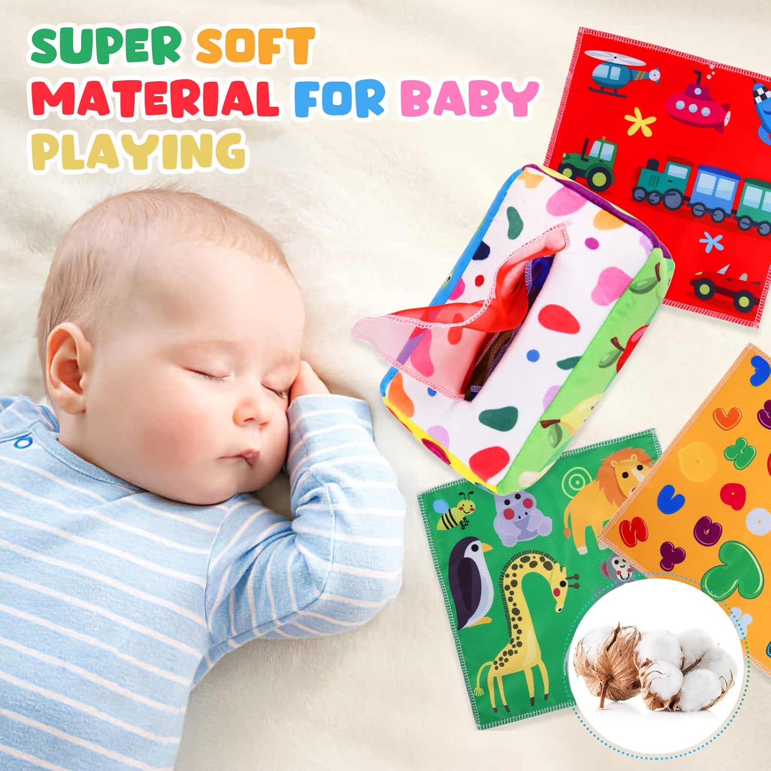 Montessori Tissue Box Speelgoed | Zacht Gevuld Hoog Contrast Krinkel Infant Sensorisch Baby Speelgoed 6 tot 12 Maanden Vroeg Leren Cadeaus