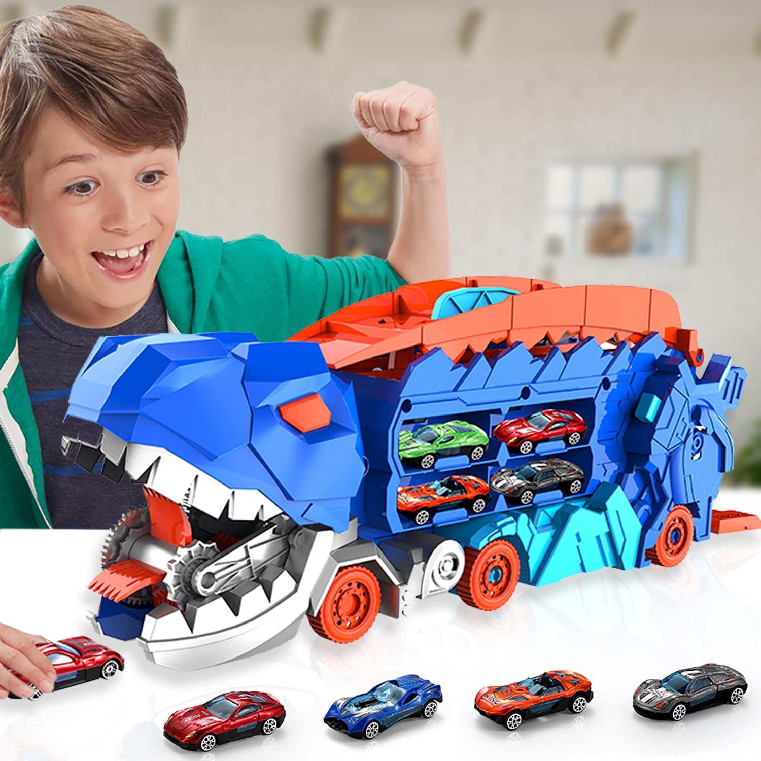 Dino Transporter Speelset met Piste | Transformeerbare Dinosaurus Truck met Racebaan voor Kinderen van 3-6 Jaar