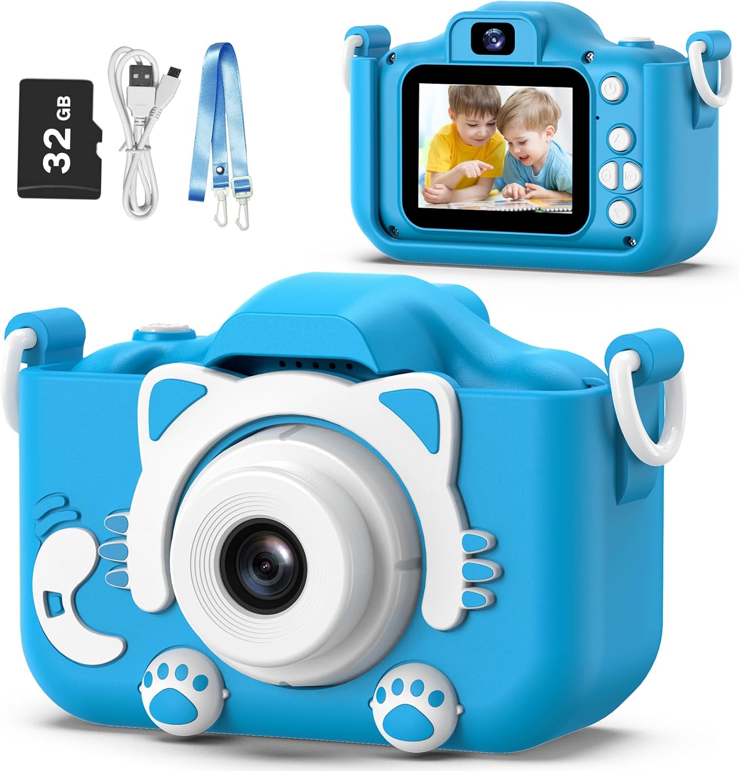 Kindercamera digitaal | Cartoon videocamera met zachte hoes & 32G SD-kaart inbegrepen