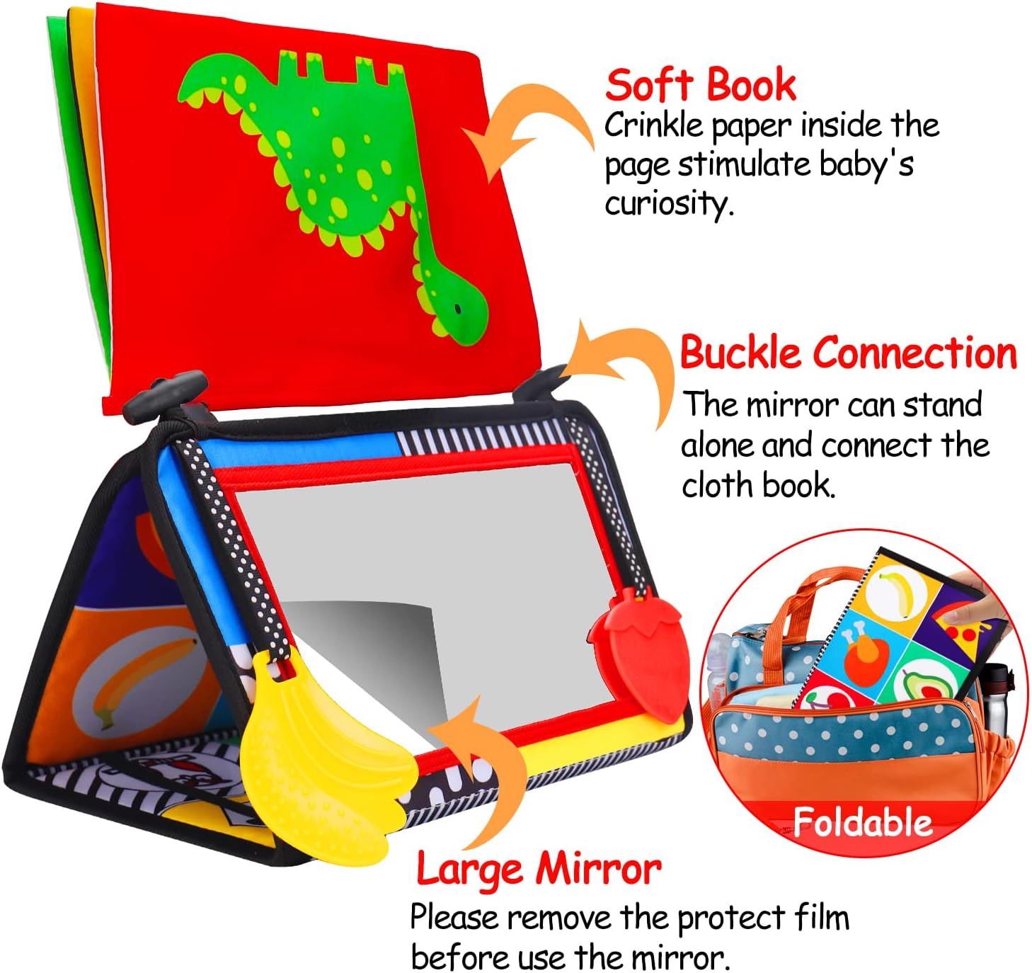 Tummy time spiegel speelgoed|Zwart-wit baby ontwikkelingsspeelgoed met bijtring en ritselboek