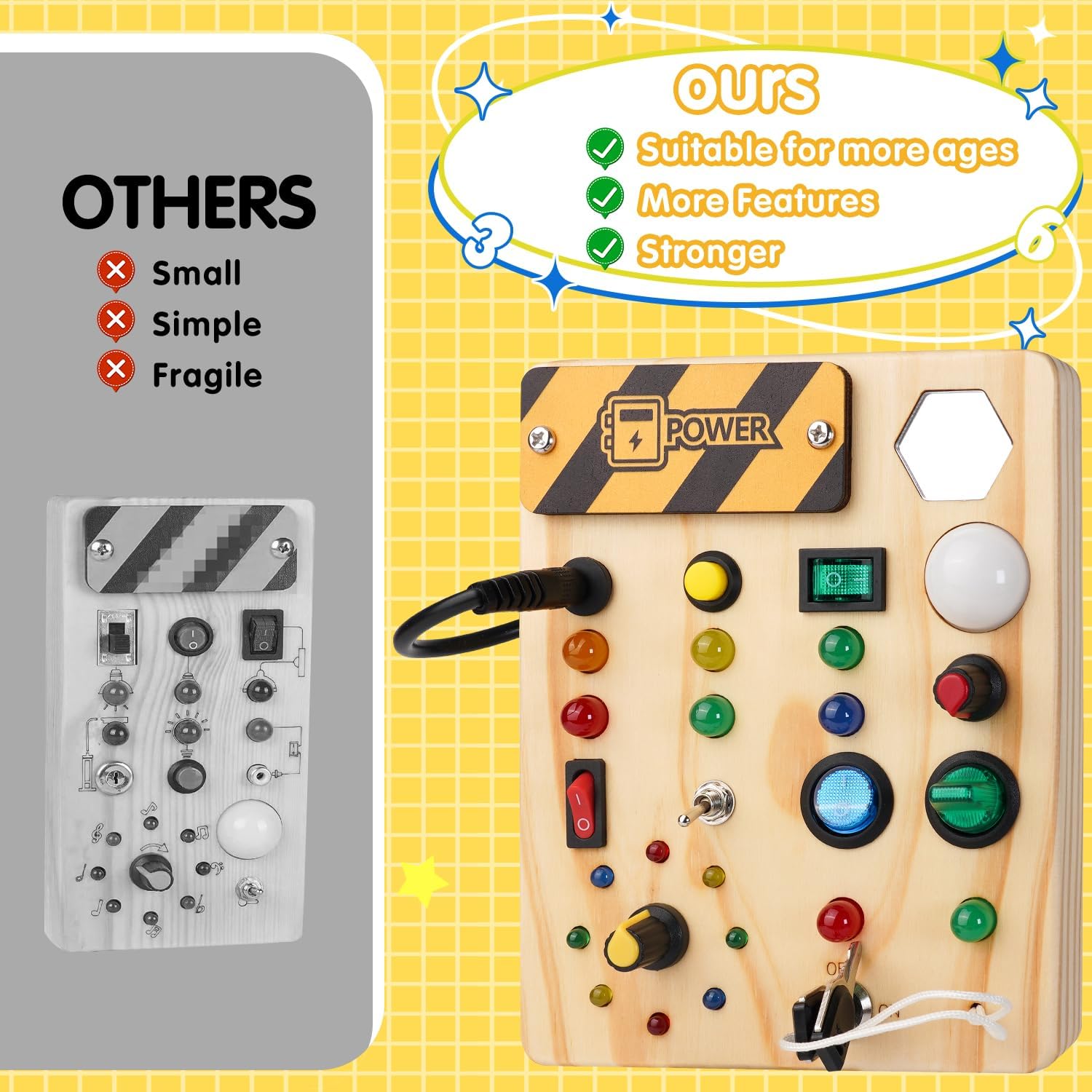 Montessori Peuter Drukbord Kinderen | Houten Sensorisch 27 LED Lampen l Educatief Speelgoed voor 1-6 Jaar Oud