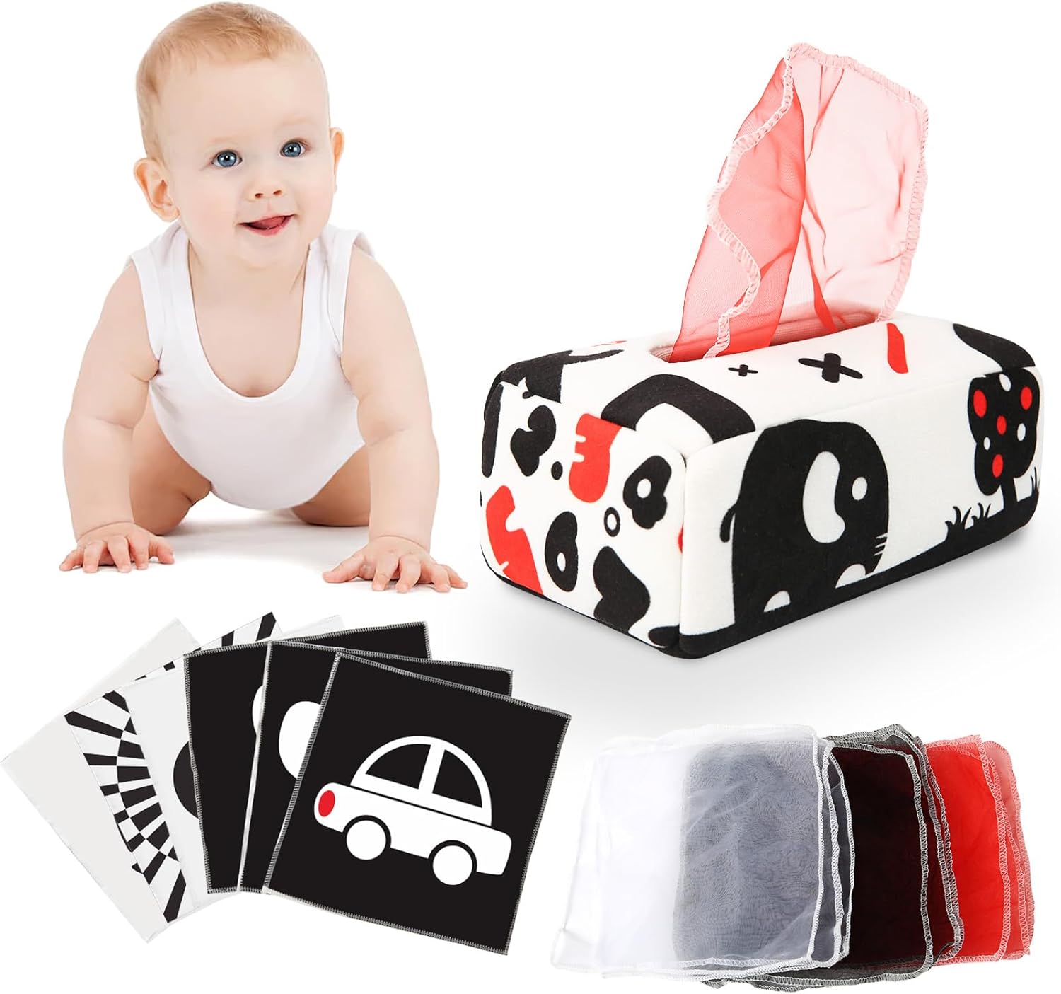 Montessori Tissue Box Speelgoed | Zacht Gevuld Hoog Contrast Krinkel Infant Sensorisch Baby Speelgoed 6 tot 12 Maanden Vroeg Leren Cadeaus