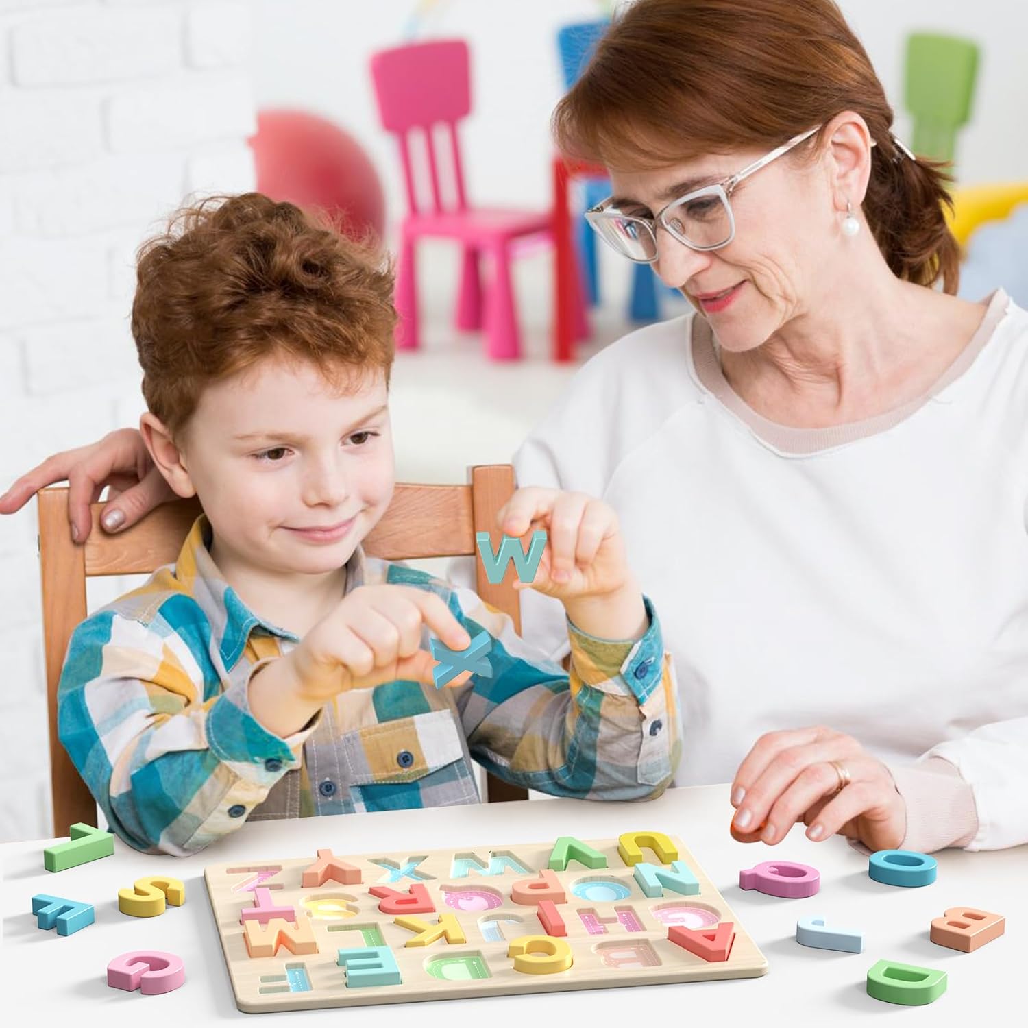 Alfabet puzzel|Houten ABC leerpuzzel voor peuters & kleuters