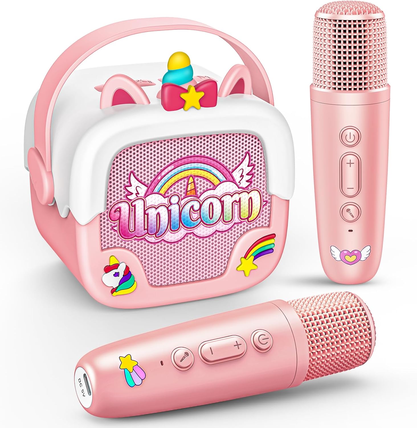 Mini karaoke machine voor kinderen | Draagbare Bluetooth luidspreker met 2 microfoons unicorn design