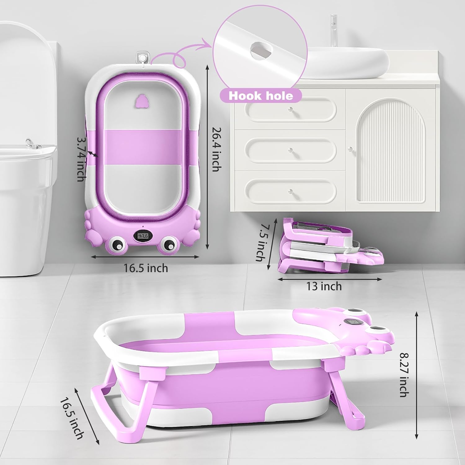 Inklapbaar babybad met thermometer | draagbaar opvouwbaar reisbad 0-36 maanden