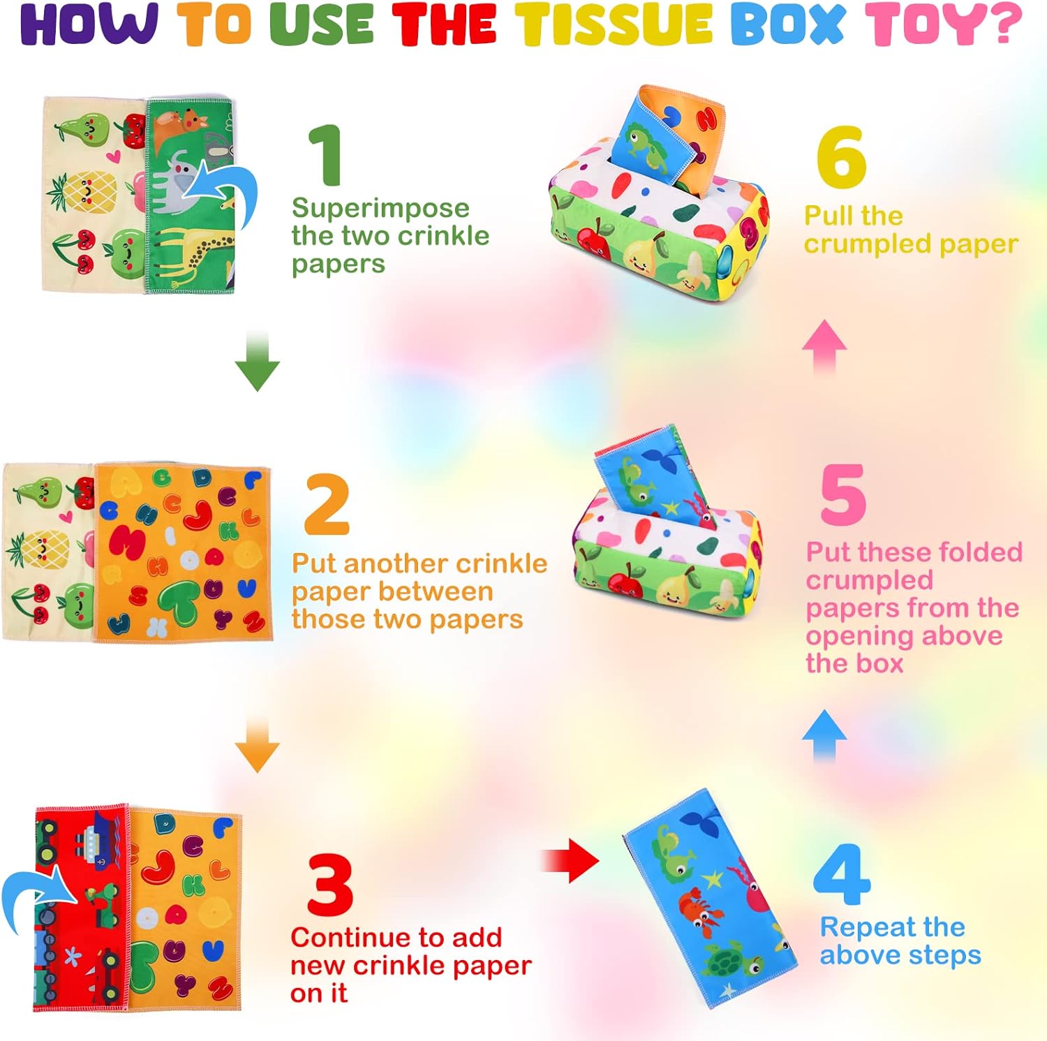 Montessori Tissue Box Speelgoed | Zacht Gevuld Hoog Contrast Krinkel Infant Sensorisch Baby Speelgoed 6 tot 12 Maanden Vroeg Leren Cadeaus