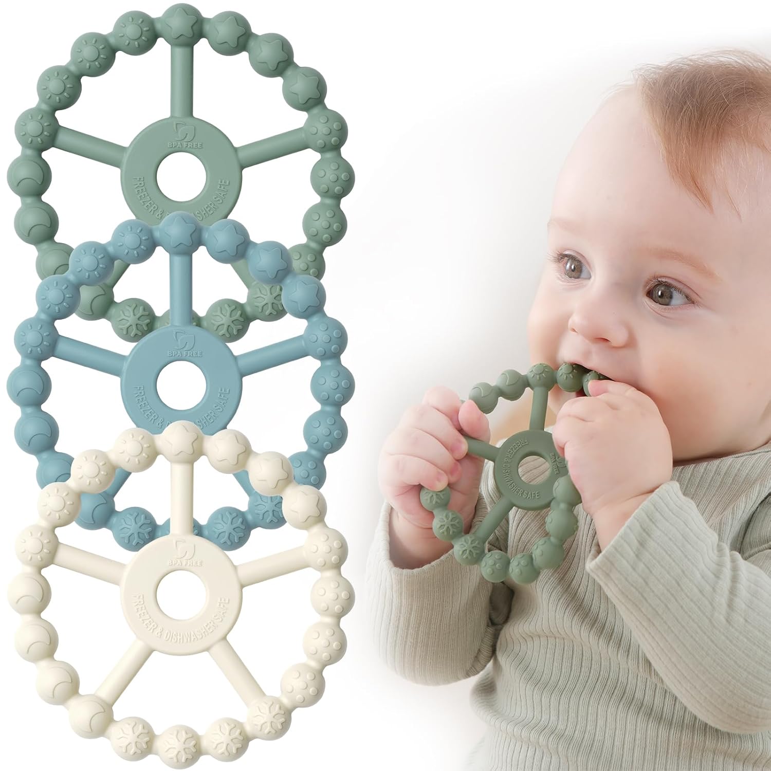 3 Stuks Siliconen Bijtringen voor Baby's van 0-24 Maanden - Zacht Bijtspeelgoed met 5 Texturen voor Jongens en Meisjes - Pijnverlichting bij Doorkomende Tandjes
