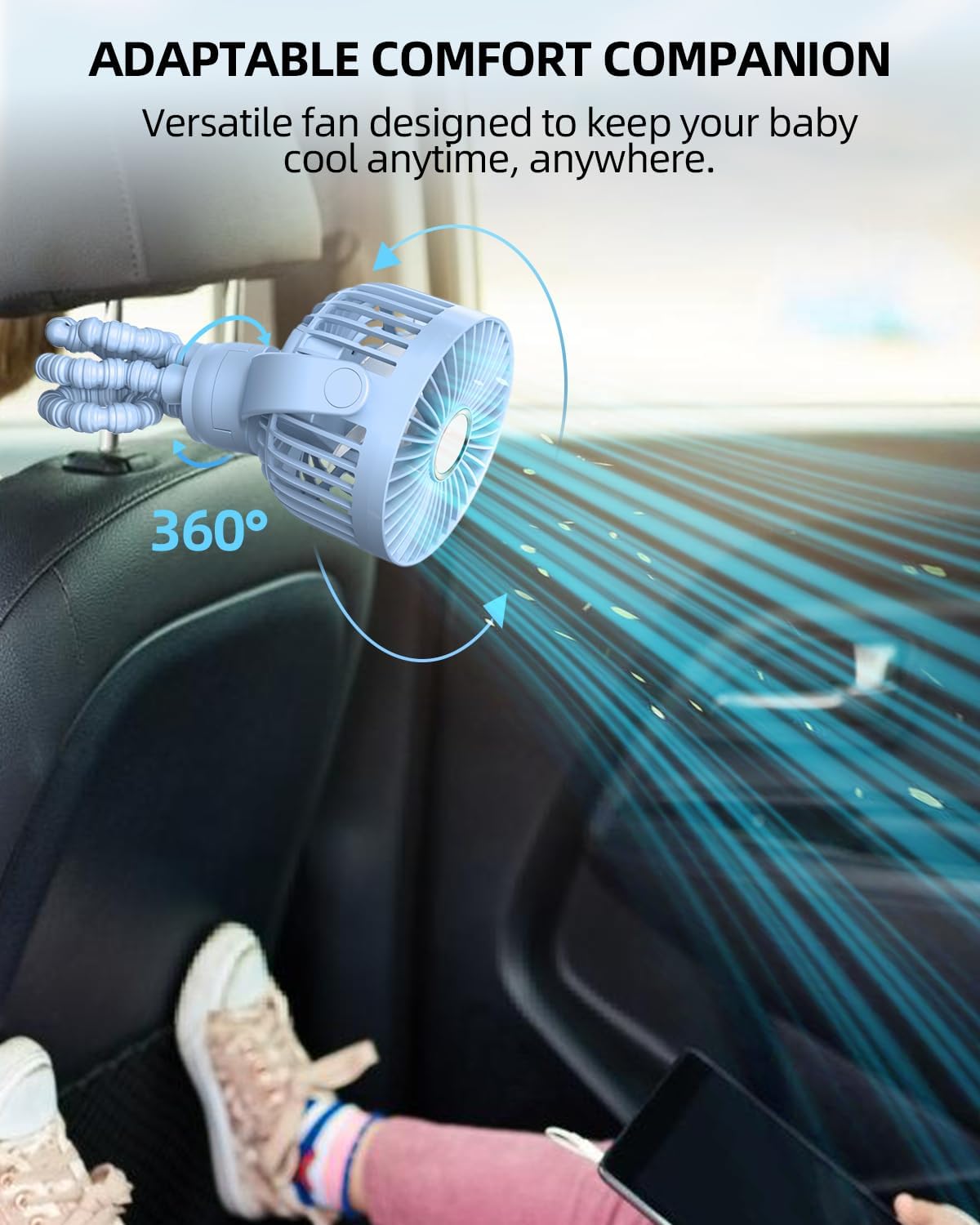 Mini kinderwagenventilator | draagbare oplaadbare reisventilator met 360° rotatie & 3 snelheden