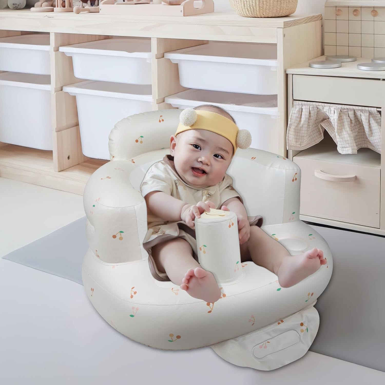 Opblaasbaar babyzitje voor baby's vanaf 3 maanden l met ingebouwde luchtpomp - Beer Patroon