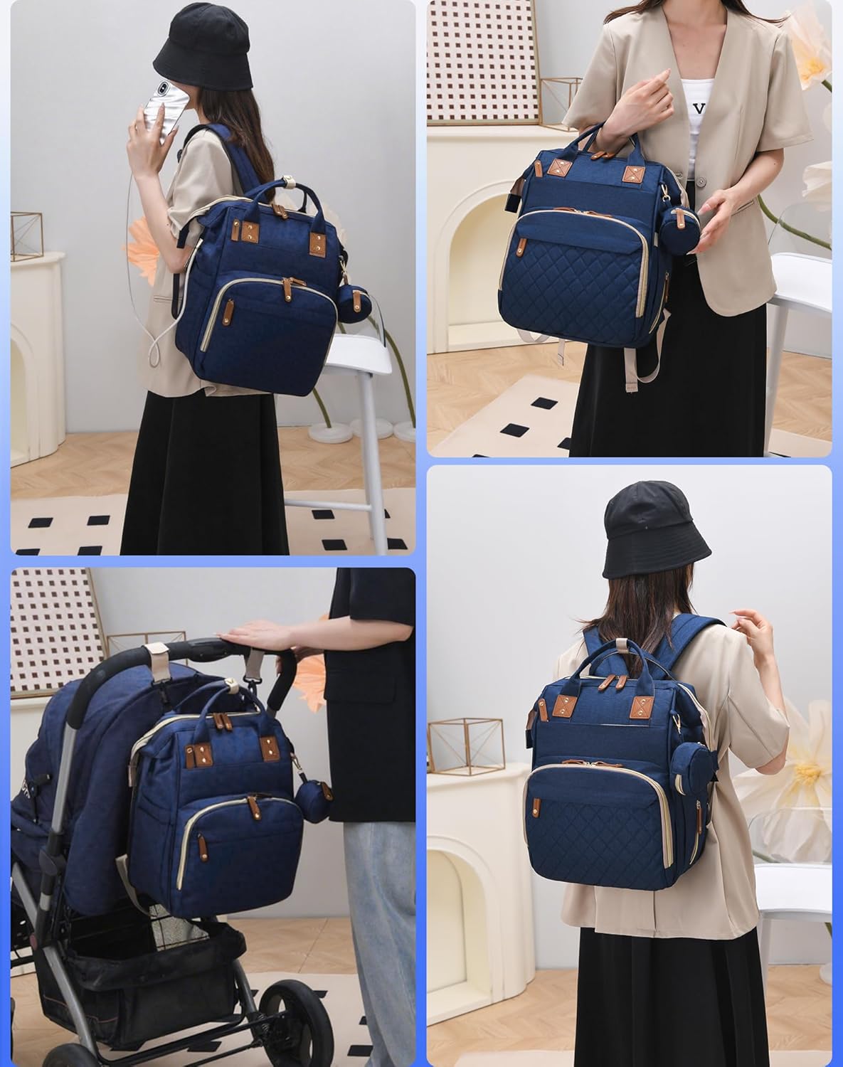 Luiertas met verschoonstation | 3-in-1 waterdichte rugzak met opvouwbaar kussen roze