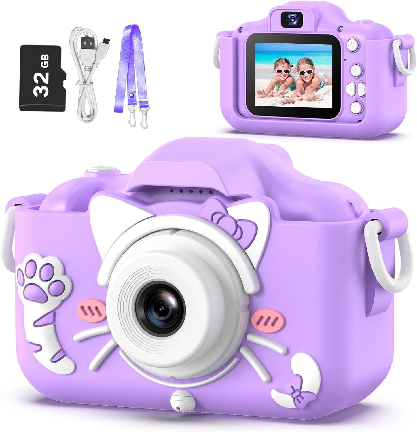 Kindercamera digitaal | Cartoon videocamera met zachte hoes & 32G SD-kaart inbegrepen