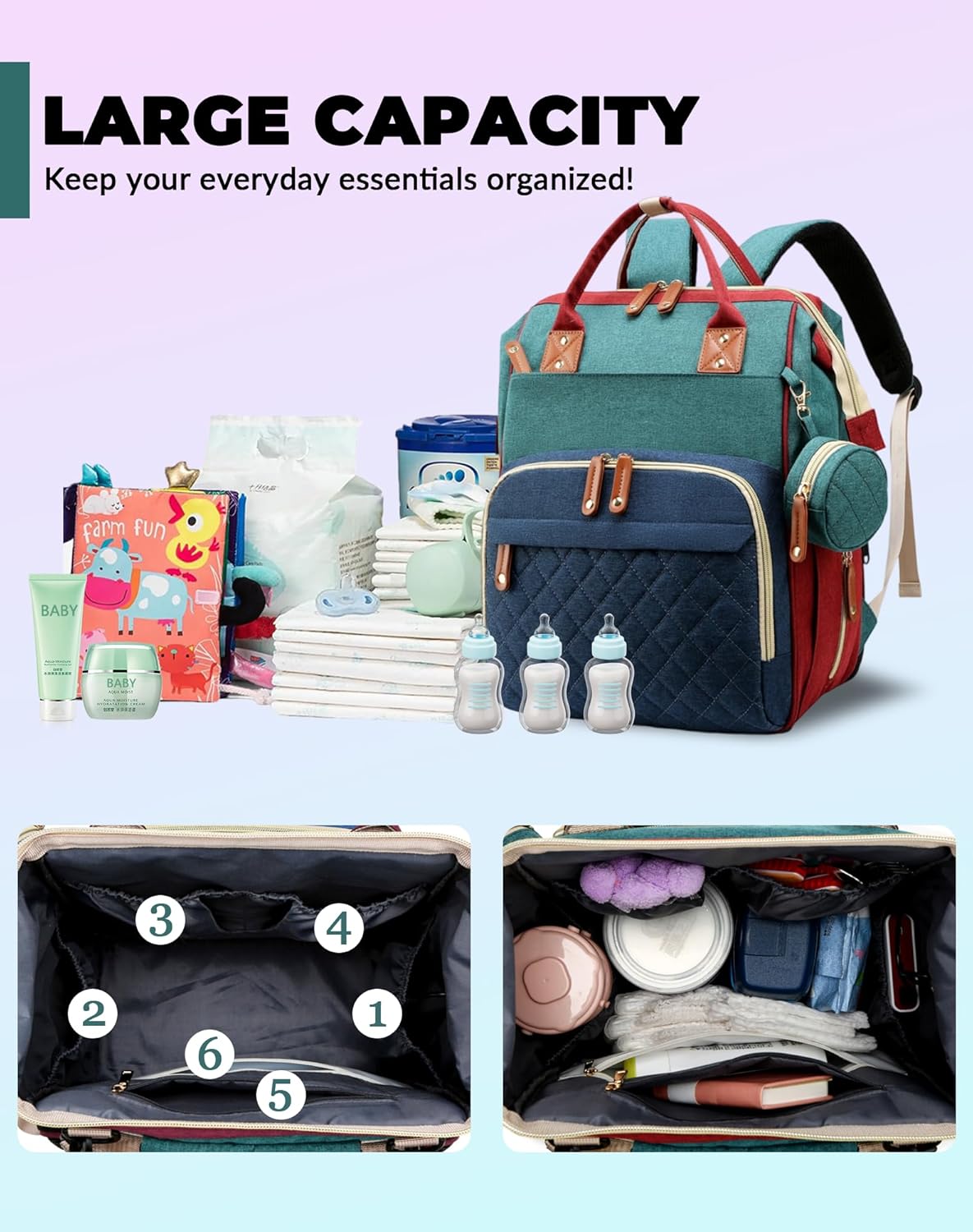 Luiertas met verschoonstation | 3-in-1 waterdichte rugzak met opvouwbaar kussen roze