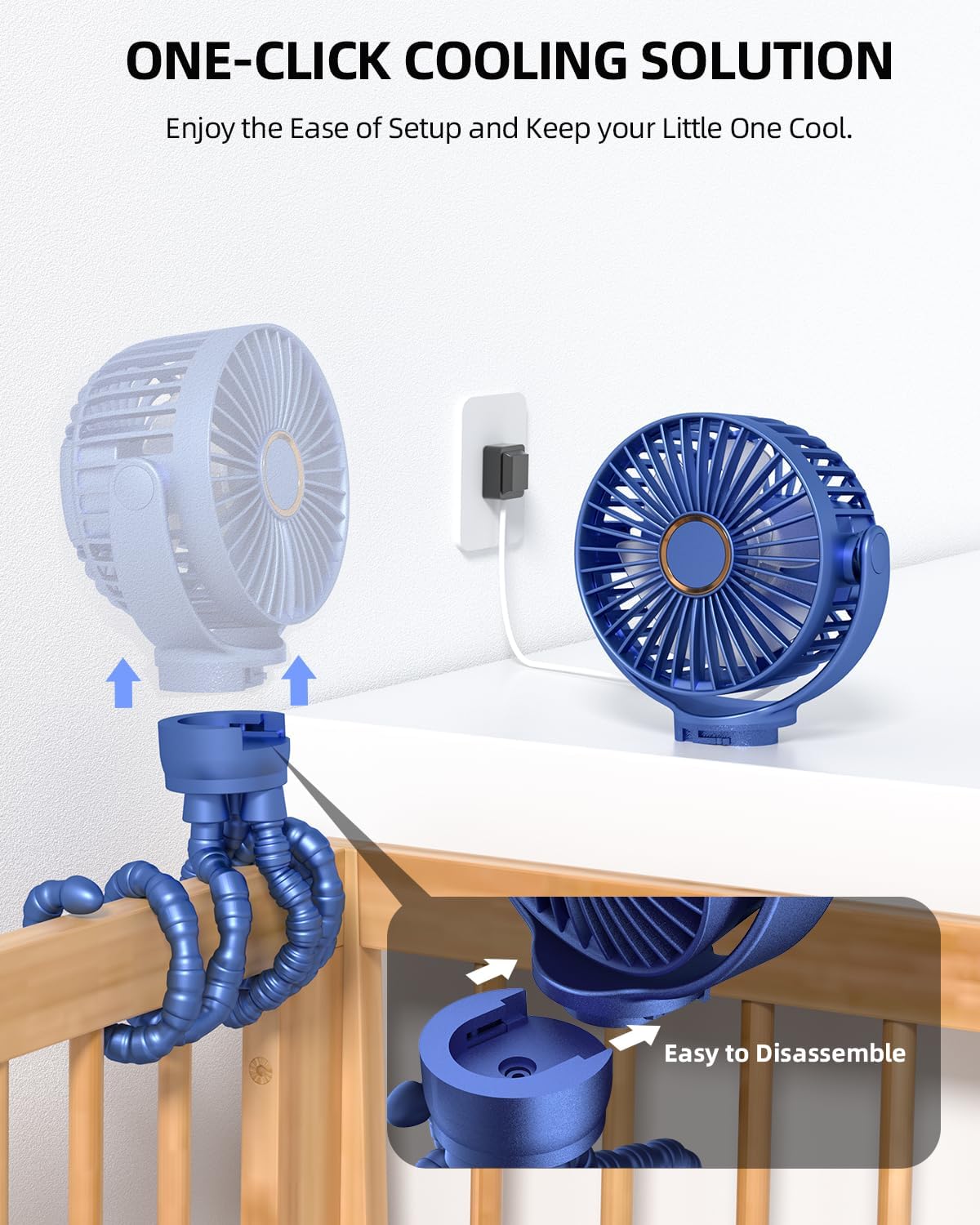 Draagbare kinderwagenventilator|Oplaadbare mini ventilator 360° rotatie 3 snelheden zwart