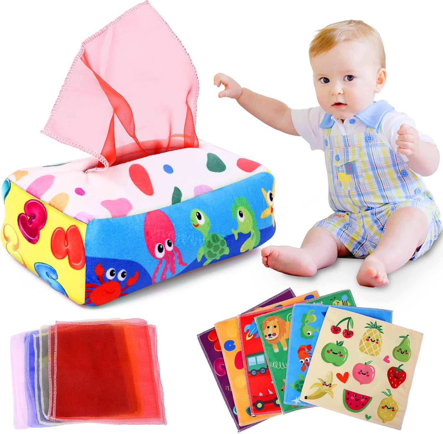 Montessori Tissue Box Speelgoed | Zacht Gevuld Hoog Contrast Krinkel Infant Sensorisch Baby Speelgoed 6 tot 12 Maanden Vroeg Leren Cadeaus