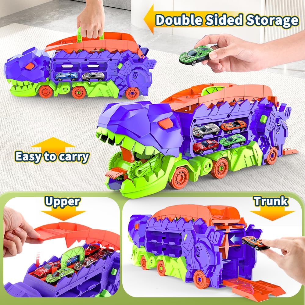 Super Transporteur Dino Stad met Racebaan | Transformeerbare Vrachtwagen met Dino Racebaan voor Kinderen van 3 tot 6 Jaar
