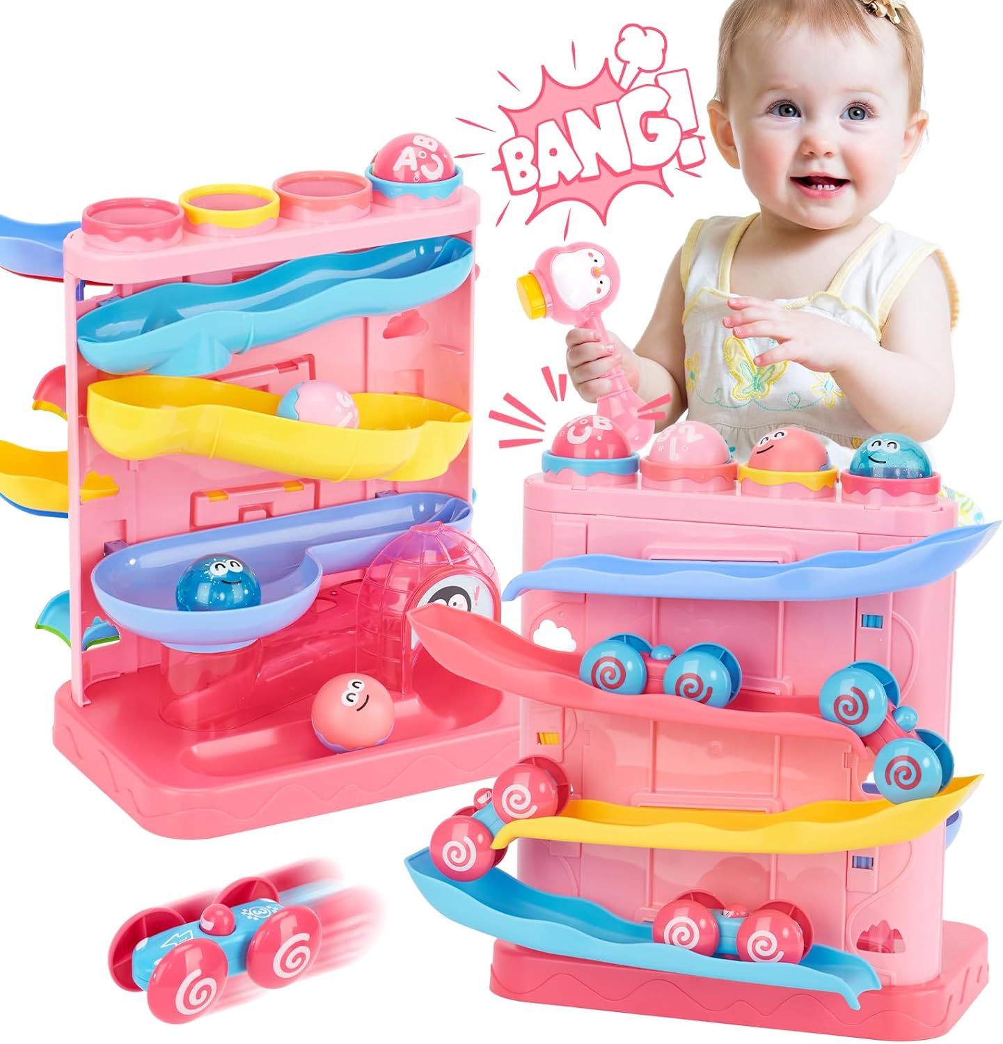 2-in-1 Hamerbal & Auto-Ramp Speelgoed | Montessori Leer Cadeau voor 1-3 Jaar | STEM Ontwikkelingsspeelset