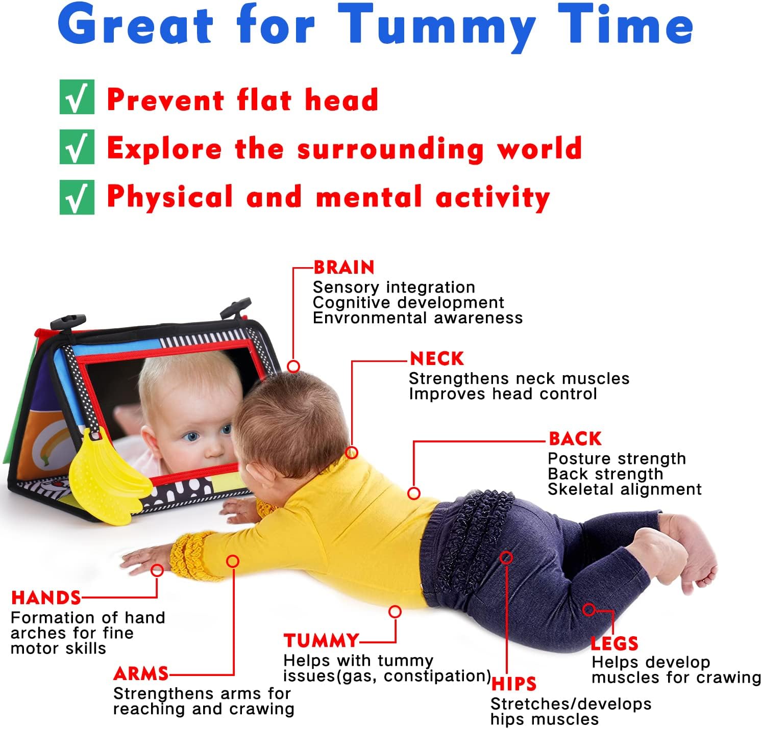 Tummy time spiegel speelgoed|Zwart-wit baby ontwikkelingsspeelgoed met bijtring en ritselboek