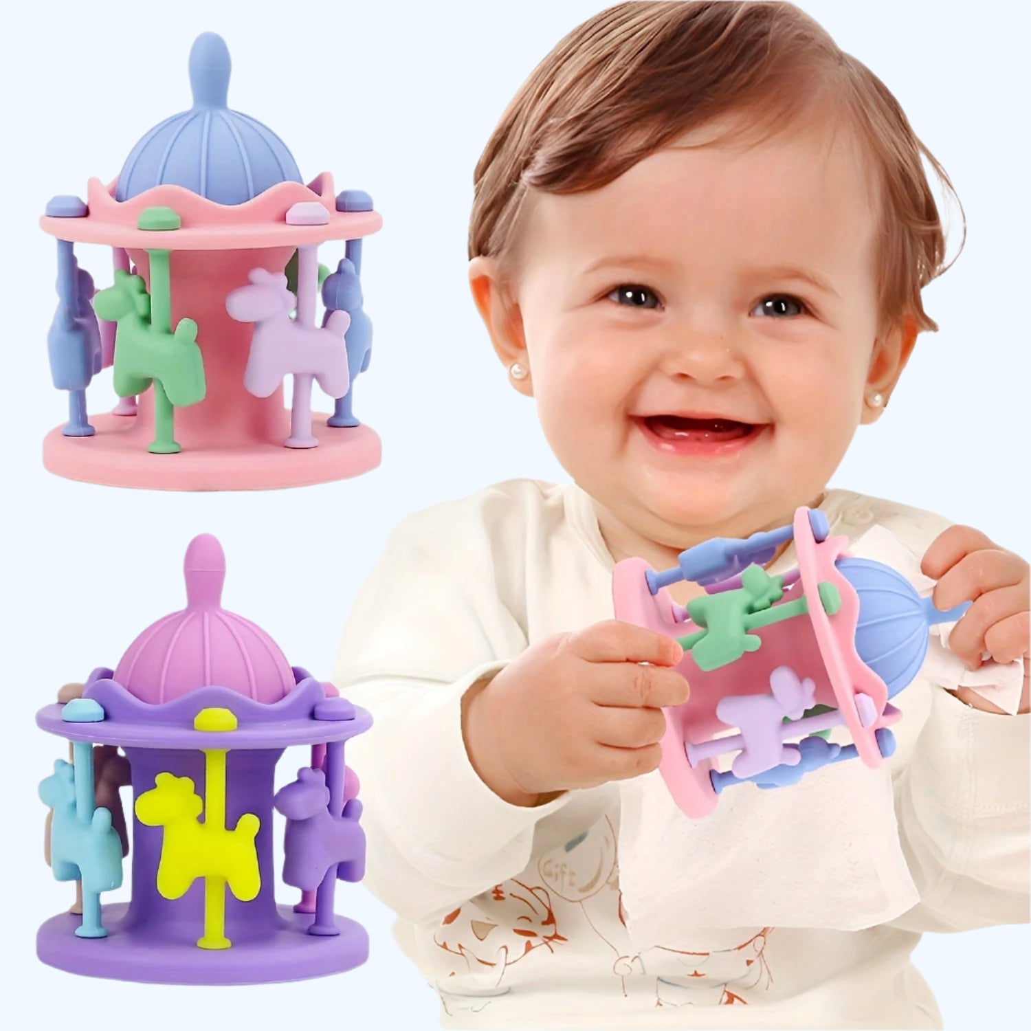 Carrouselontwerp Siliconen bijtrammelaars | Babykauwspeelgoed met muziek en rammelaars voor kinderen van 0-3 jaar
