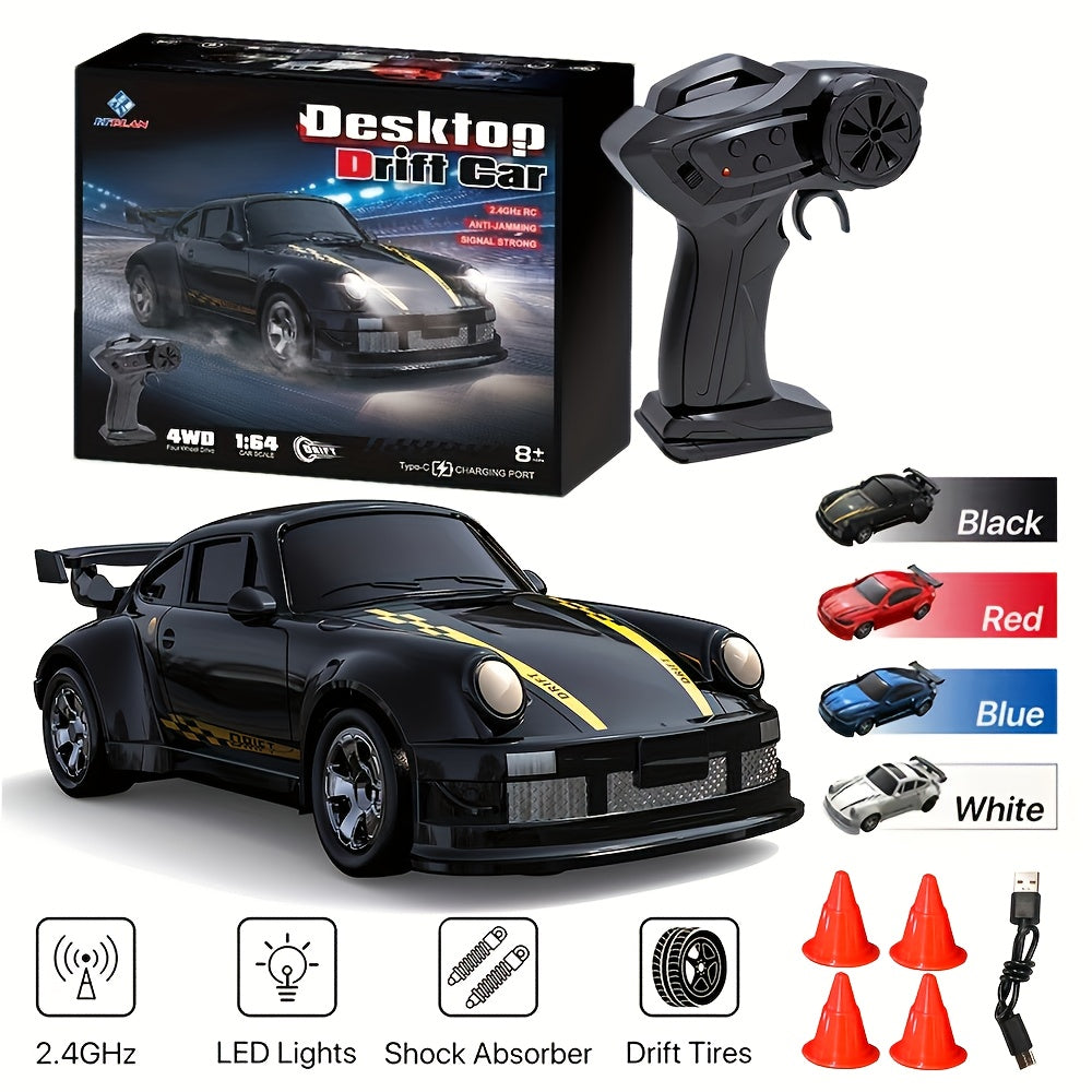 1/64 RC Drift Auto | 2.4GHz Afstandsbediening, LED, USB-C Snelladen, Raceauto