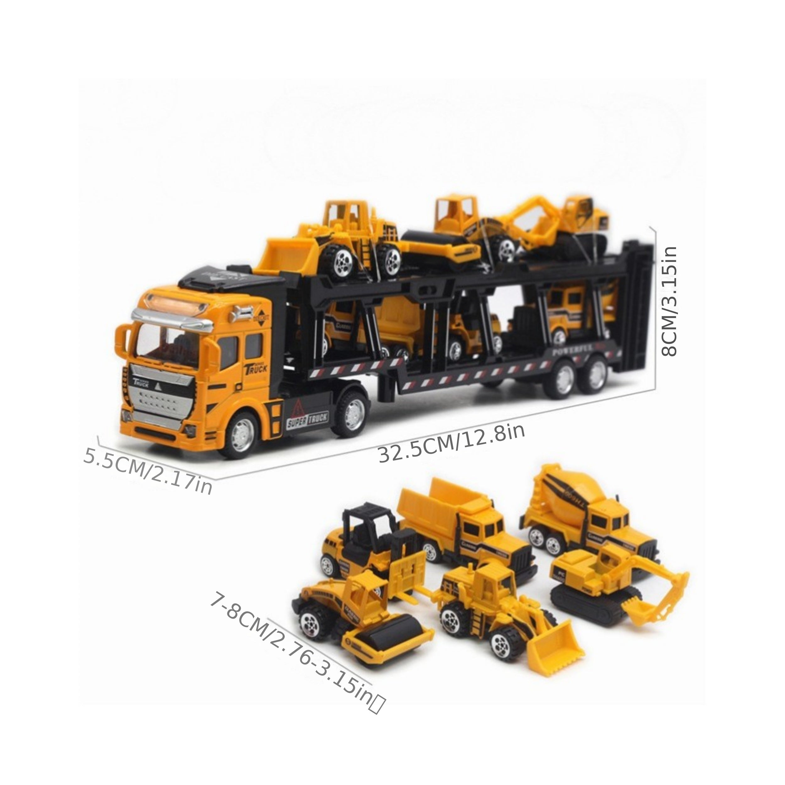 32cm Die-Cast Truck Set | 1x Vrachtwagen + 6 Mini Bouwvoertuigen | Vanaf 3 Jaar