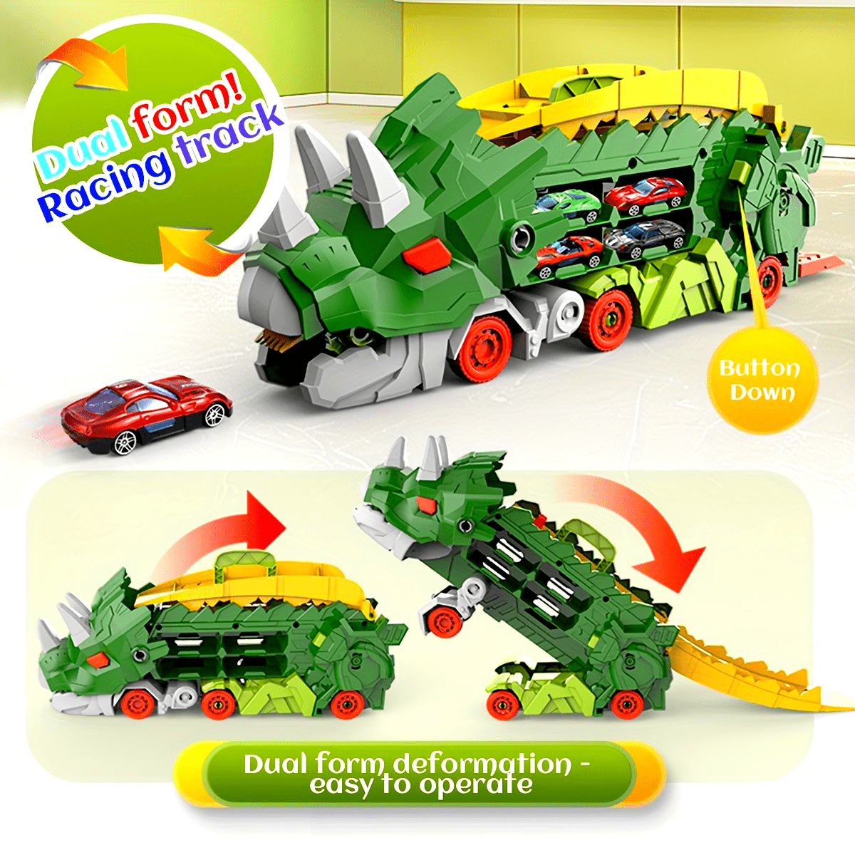 Triceratops Transport Truck 3-in-1 Speelset | Transformeerbaar Spoorweg-Lanceervoertuig | Inclusief Meerdere Metaalauto’s | Voor 3+ Jaar | Paars & Groen