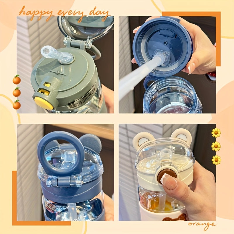 650ml beren drinkfles | Cartoon waterfles met rietje & handvat