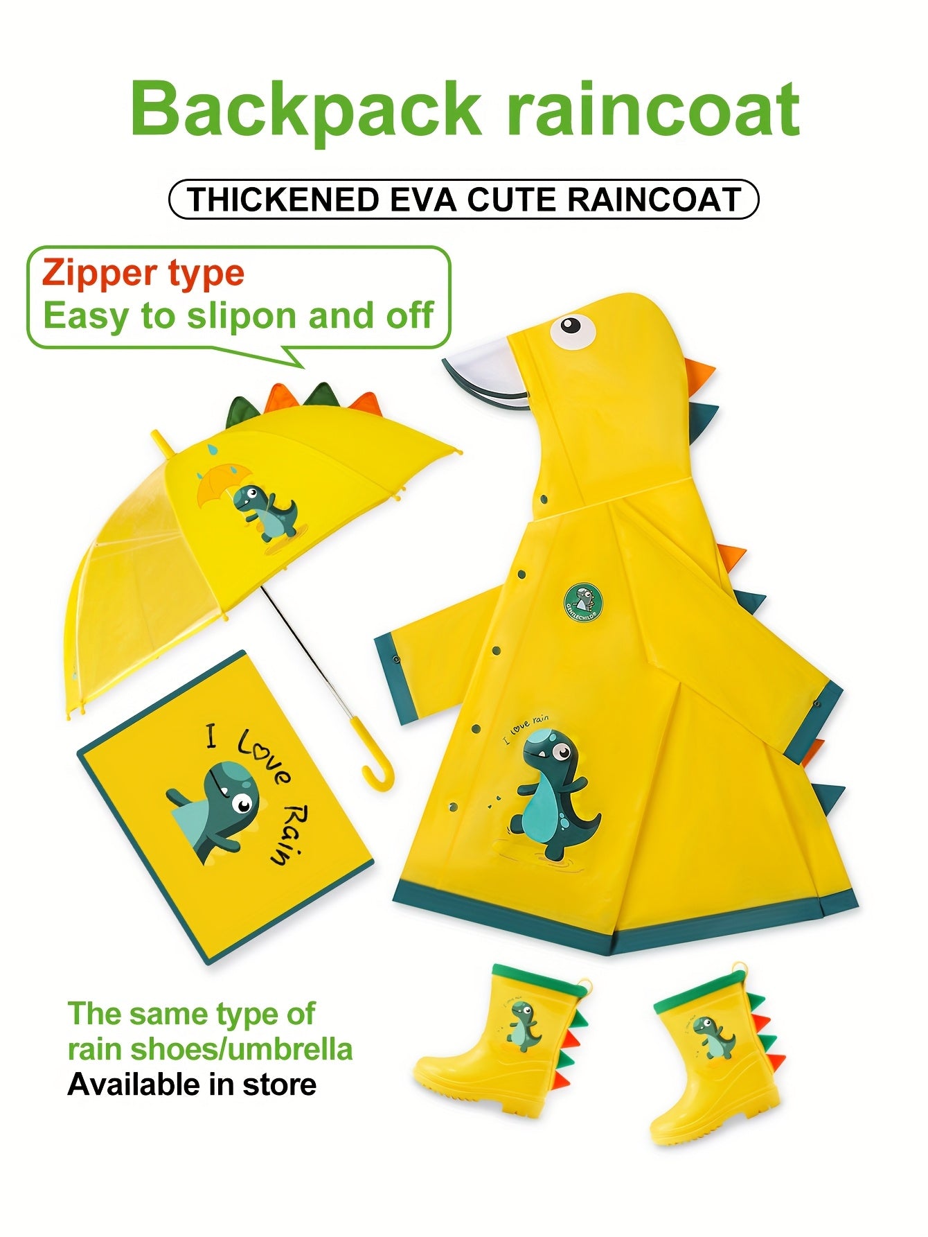 Regenjas Dinosaurus voor Kinderen Vanaf 3 Jaar - Waterdichte Kapjas met Oortjes voor Jongens en Meisjes - Lichtgewicht Buitenkleding