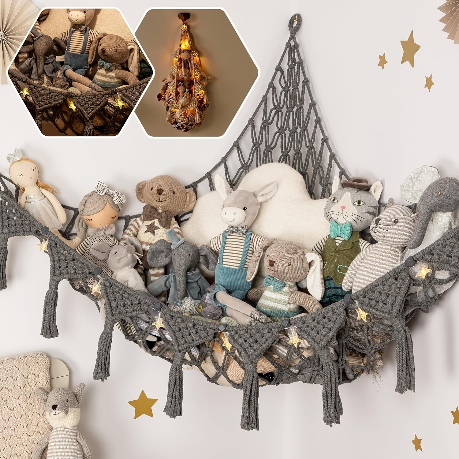 Cozy Witte Macrame Dierenhammok | Jumbo Speelgoed Organisator met LED Licht | Ideaal voor Knuffels, Beren en Zwanen | Perfect voor Kinderkamer en Slaapkamer Decor