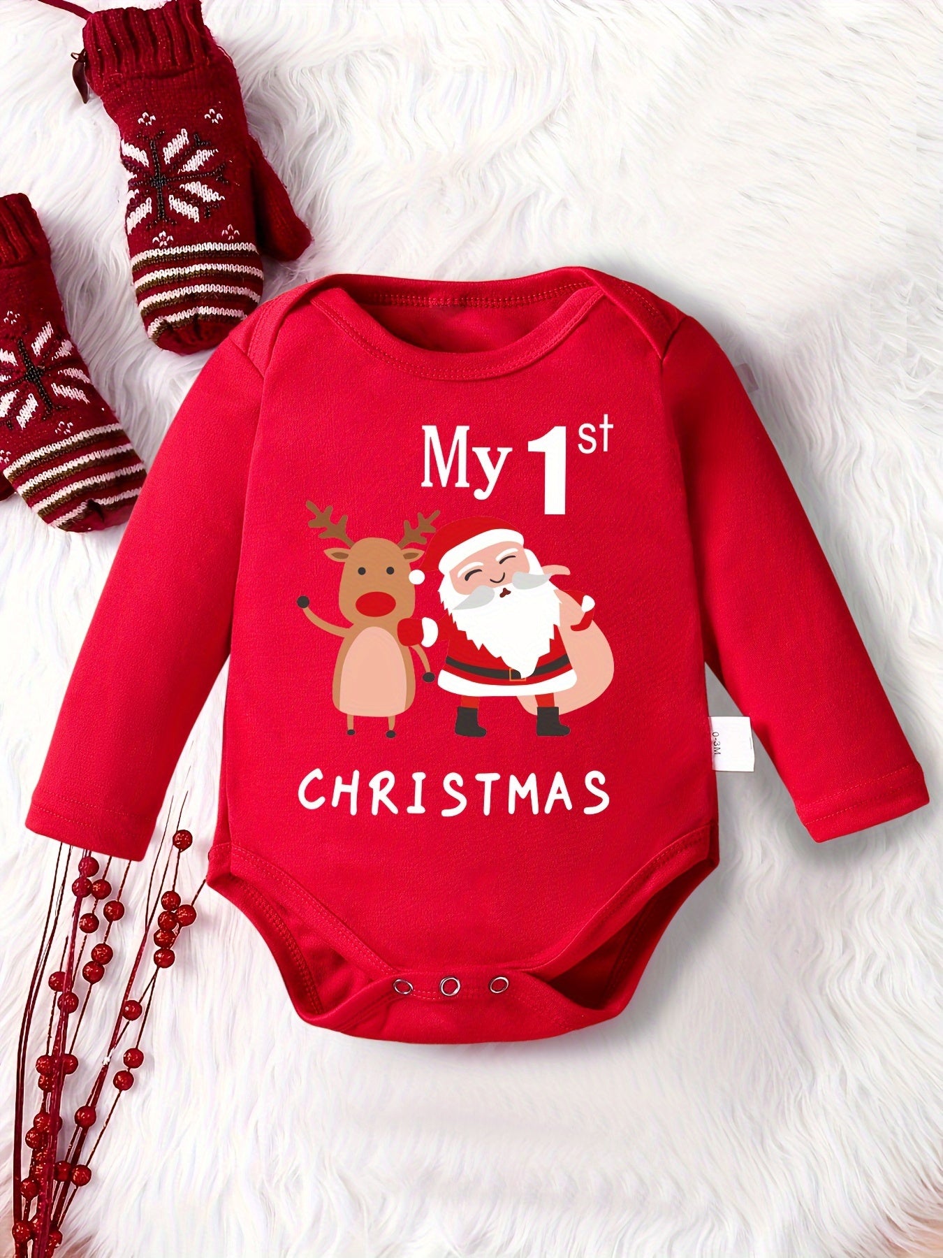 'Mijn 1e Kerst' Kerstman Print Romper met Lange Mouwen voor Kinderen | Zachte, Comfortabele Polyester Baby Onesie voor Kerstmis, Dagelijks Gebruik, Feestdagen en Fotoshoots