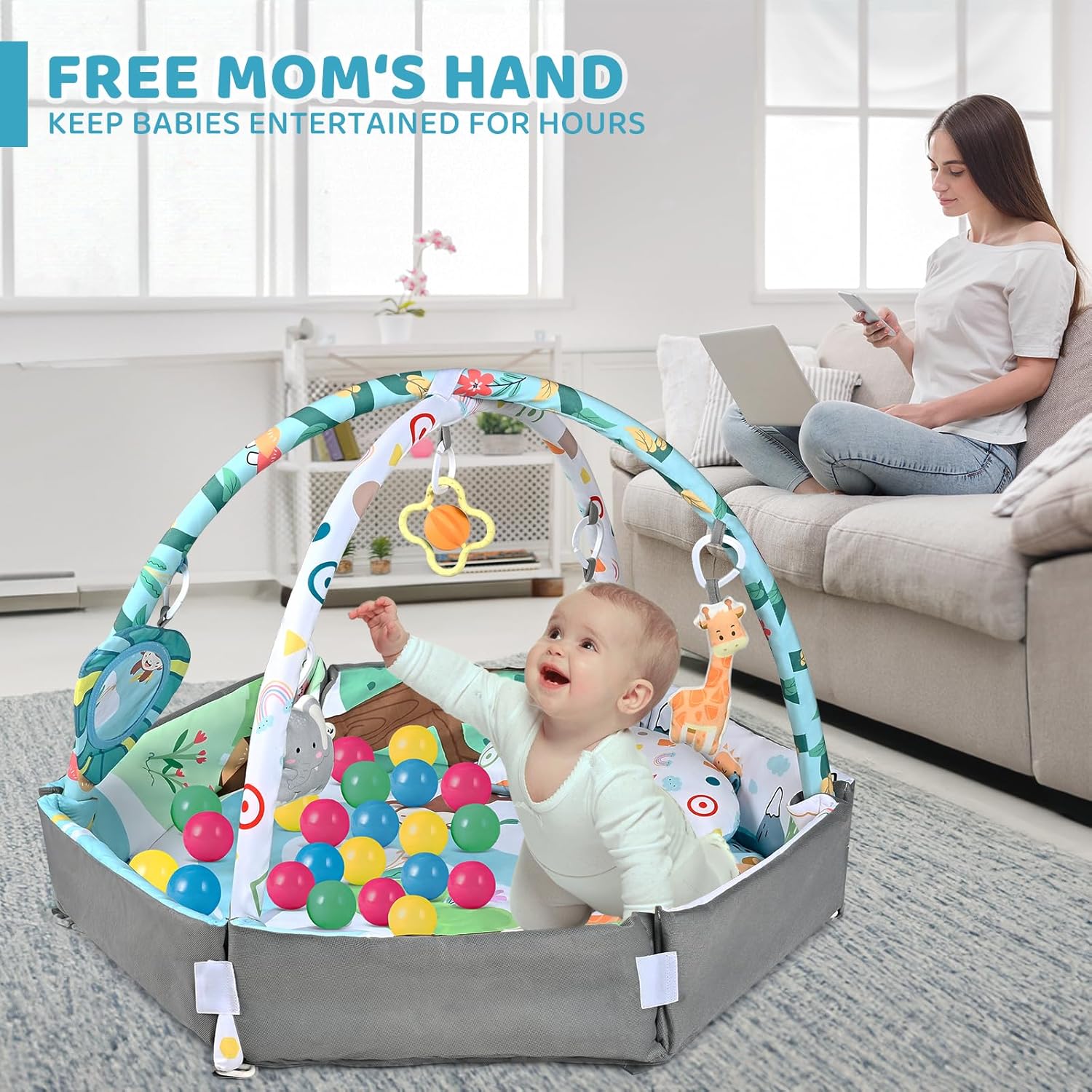 8-in-1 Buiktijd Speelkleed & Ballenbak met 6 Speeltjes | Baby Gym Speelmat Wasbaar Baby Activiteit voor Visuele, Gehoor-, Sensorische, Motorische Ontwikkeling, Cadeau voor Peuters